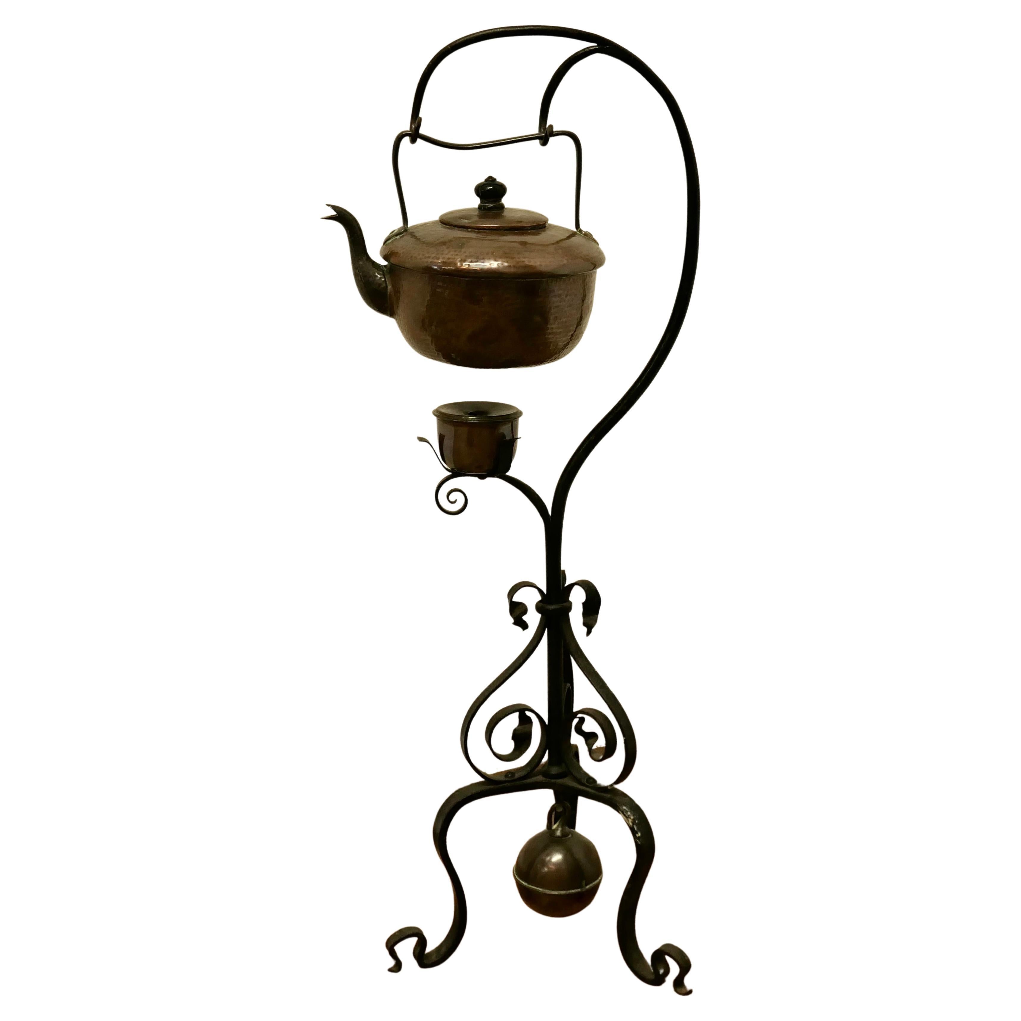 19th Century Copper Swinging Sprit Kettle on a Wrought Iron Stand For Sale