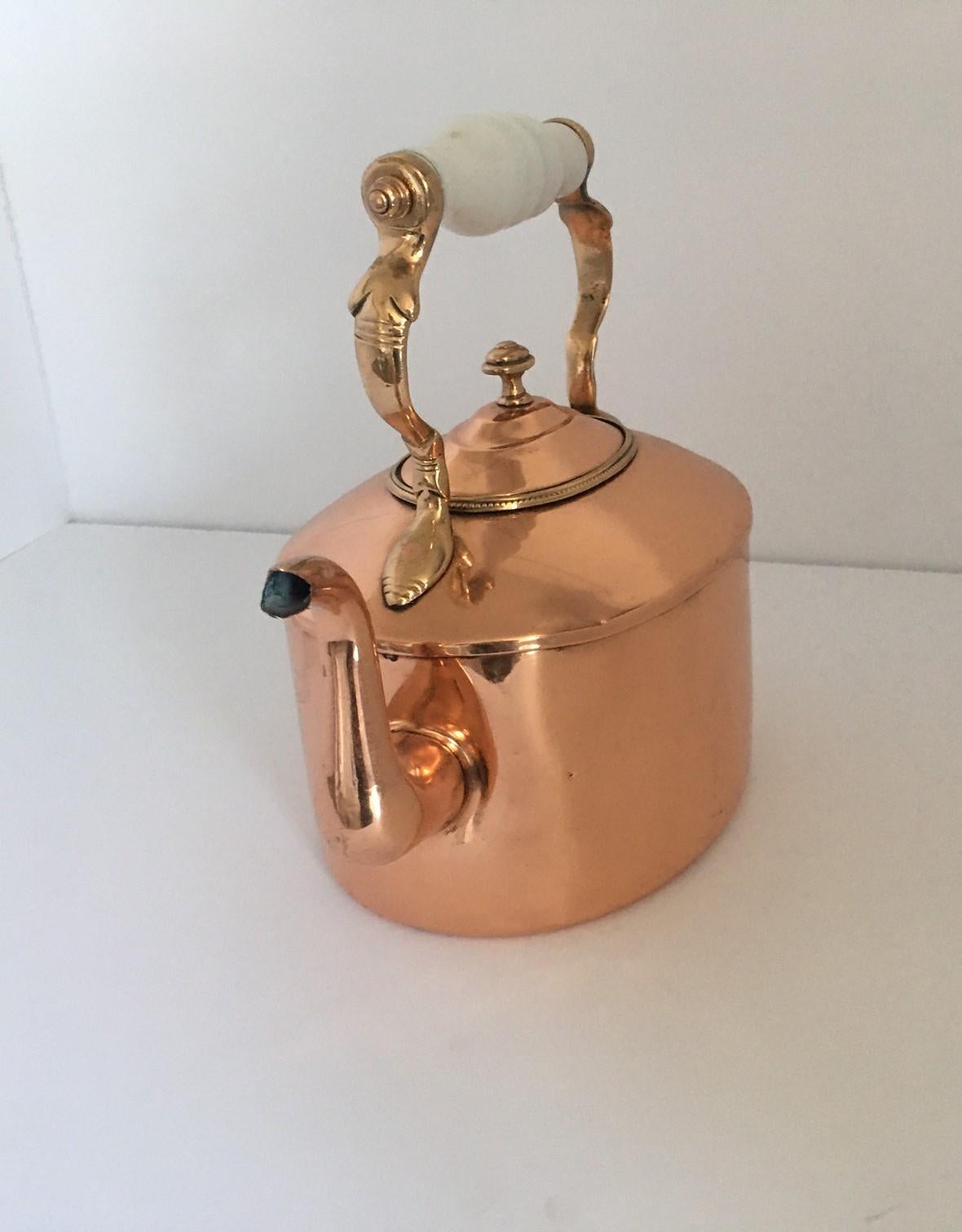 19th century English tea kettle the teapot. The handle is white porcelain with brass accents.
