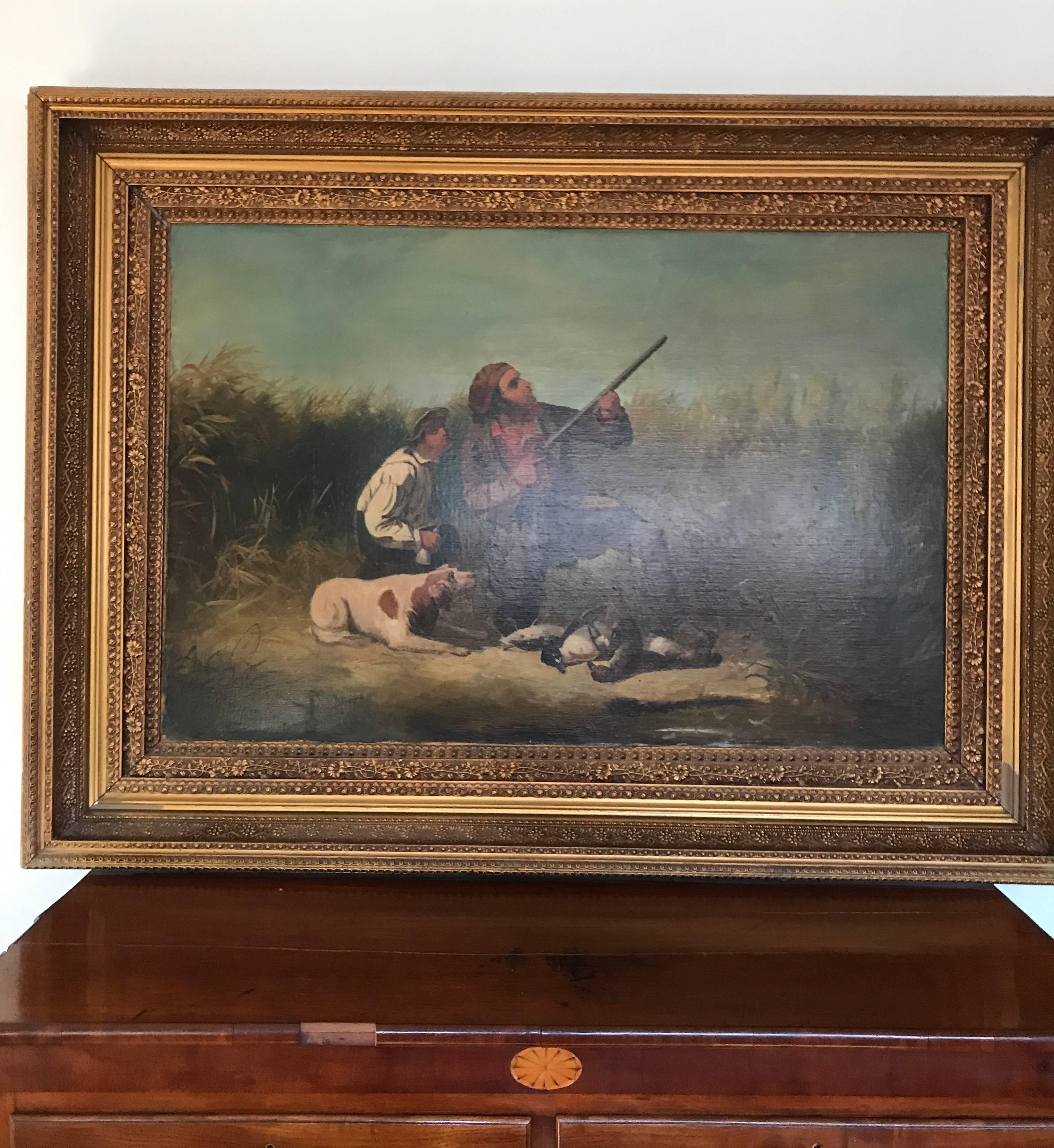 A late 19th century copy of William Tylee Ranney's iconic 1850 work On The Wing.
The painting is unsigned and is by a follower of Ranney. Ranney was a 19th century painter
known for his homespun depictions of Western life, sporting scenery and