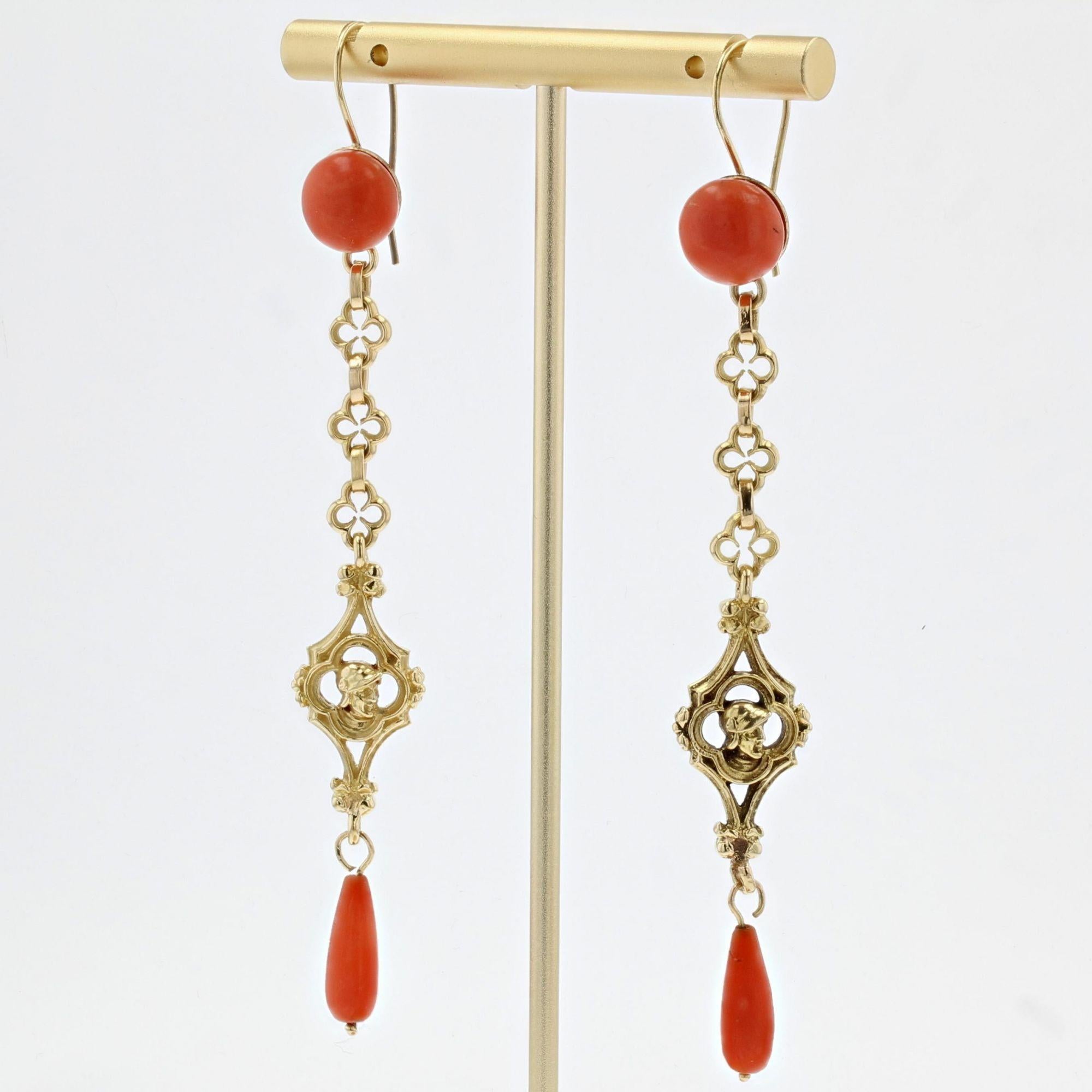 Napoleon III 19th Century Coral 18 Karat Yellow Gold Dangle Earrings For Sale