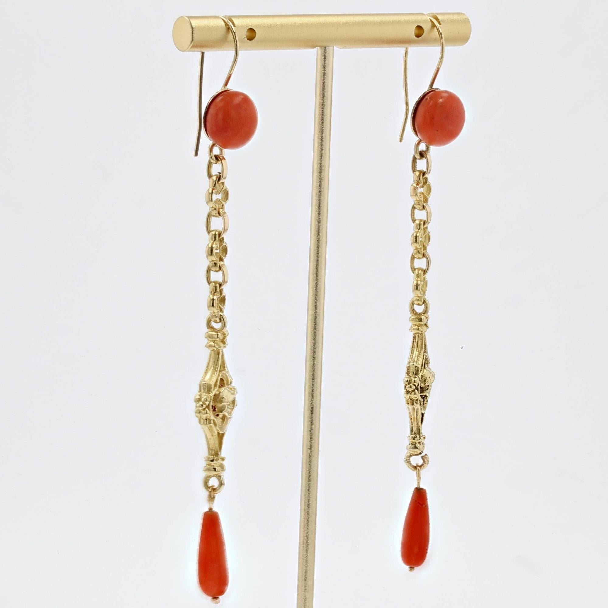 Women's 19th Century Coral 18 Karat Yellow Gold Dangle Earrings For Sale