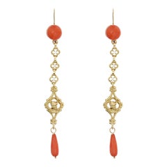 Antique 19th Century Coral 18 Karat Yellow Gold Dangle Earrings