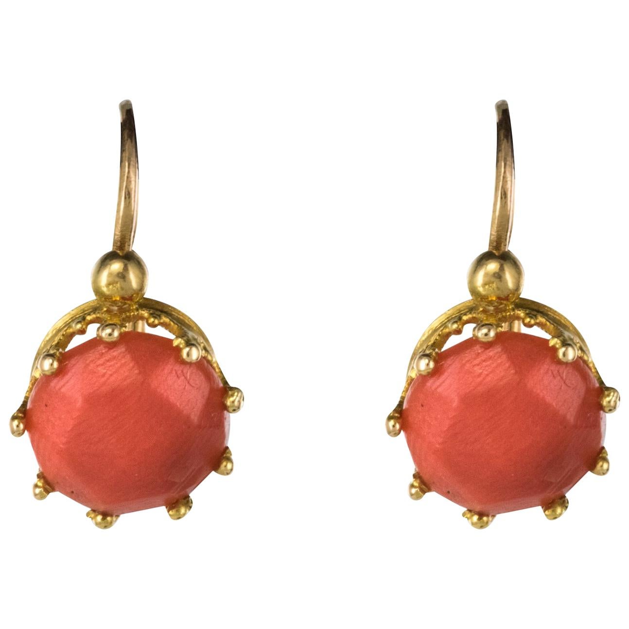19th Century Coral 18 Karats Rose Gold Drop Earrings