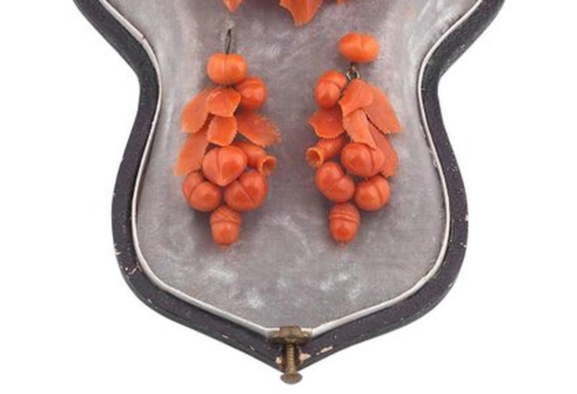 Victorian 19th Century Coral Brooch and Earring Suite