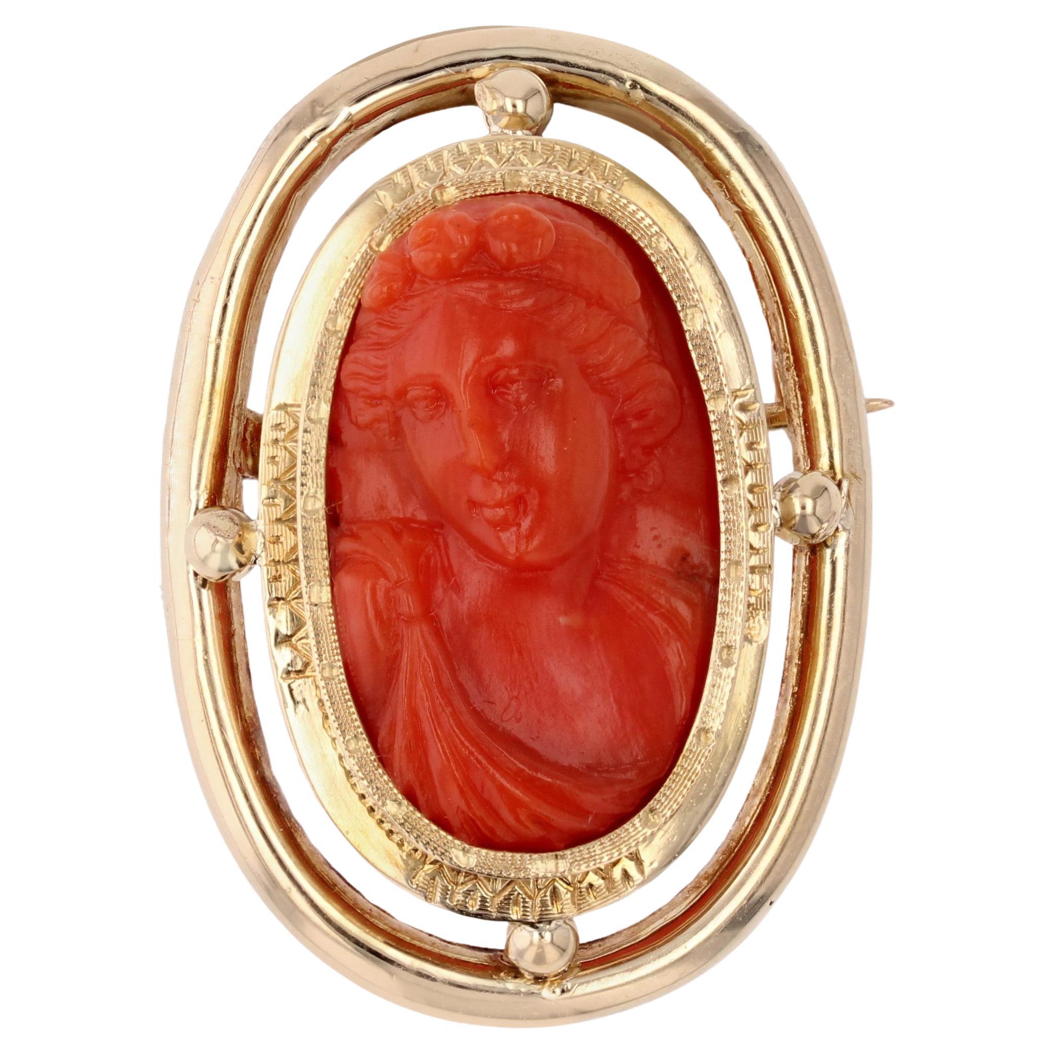 19th Century Coral Cameo 18 Karat Yellow Gold Brooch