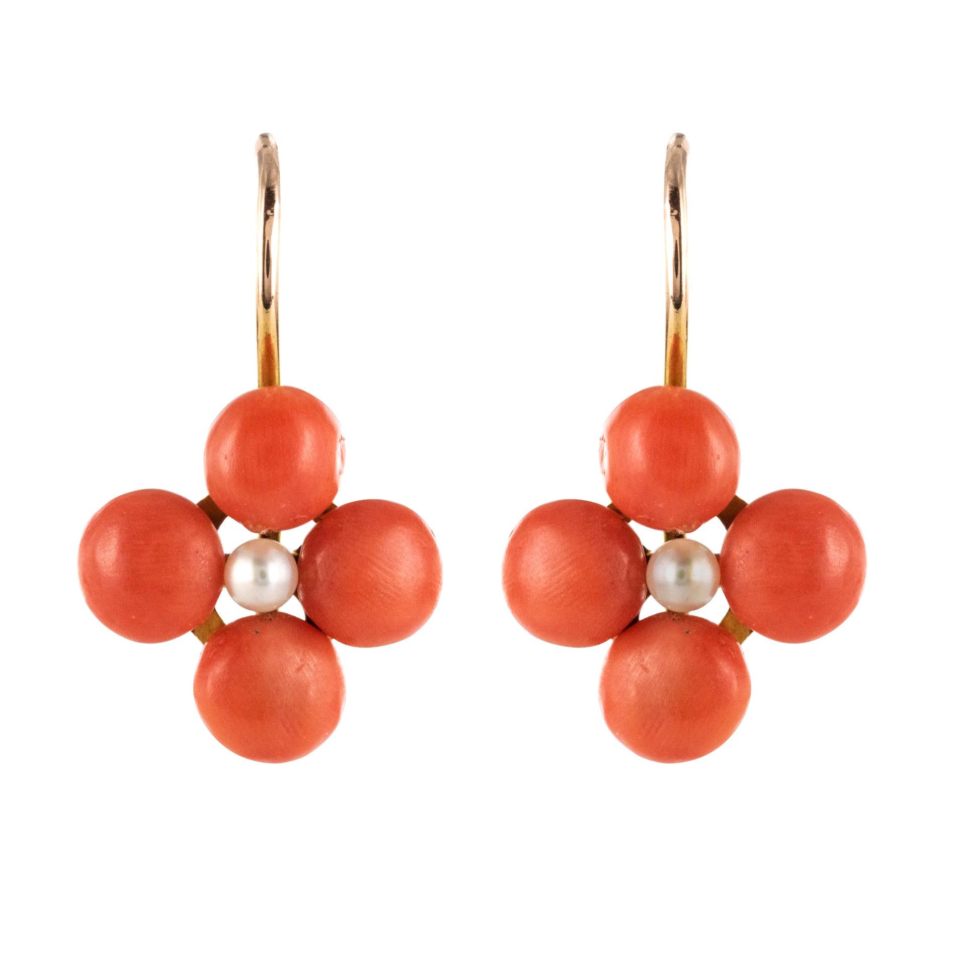 19th Century Coral Natural Pearls 18 Karat Rose Gold Clover Shape Earrings