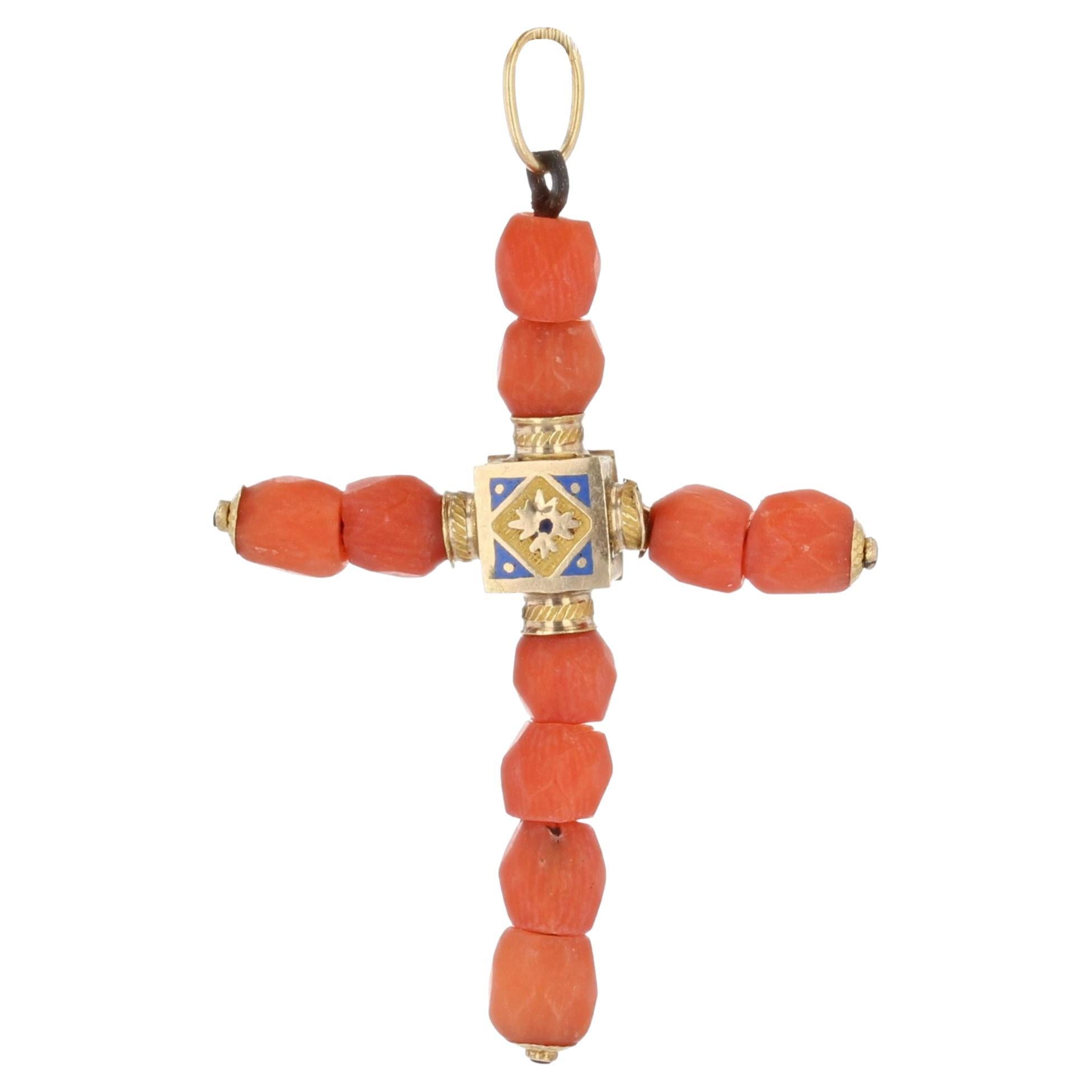 19th Century Coral Pearls 18 Karat Yellow Gold Cross Pendant