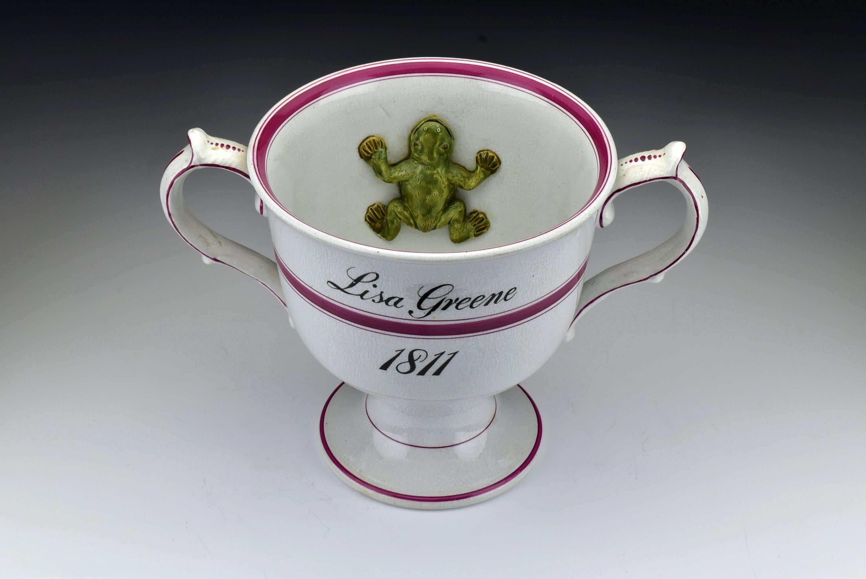 English 19th Century Cork Edge and Malkin Burslem Staffordshire Loving Cup with Frog