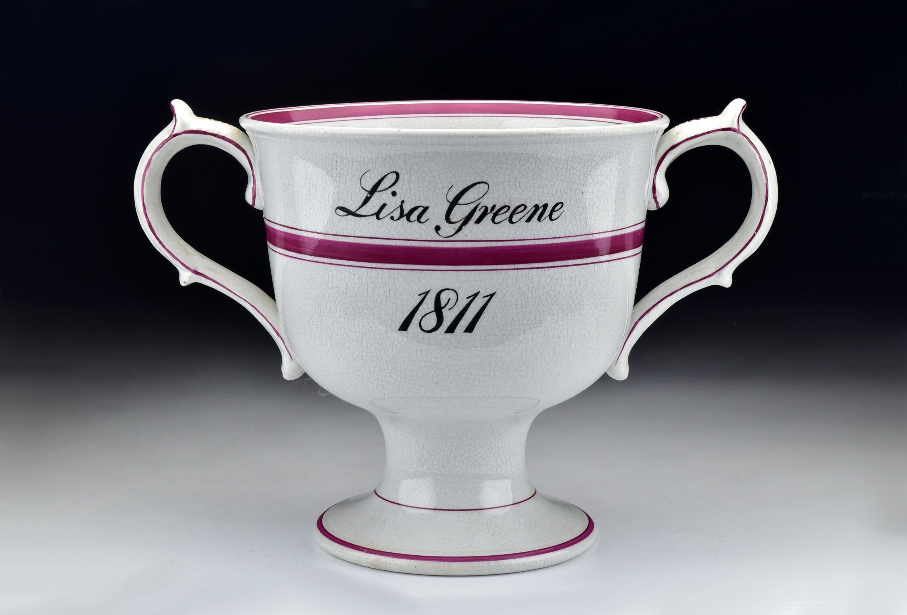19th Century Cork Edge and Malkin Burslem Staffordshire Loving Cup with Frog In Good Condition In Newport, NH