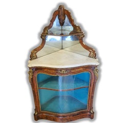 19th Century, Corner Cabinet, Precious Woods, Gilt Bronze, White Marble