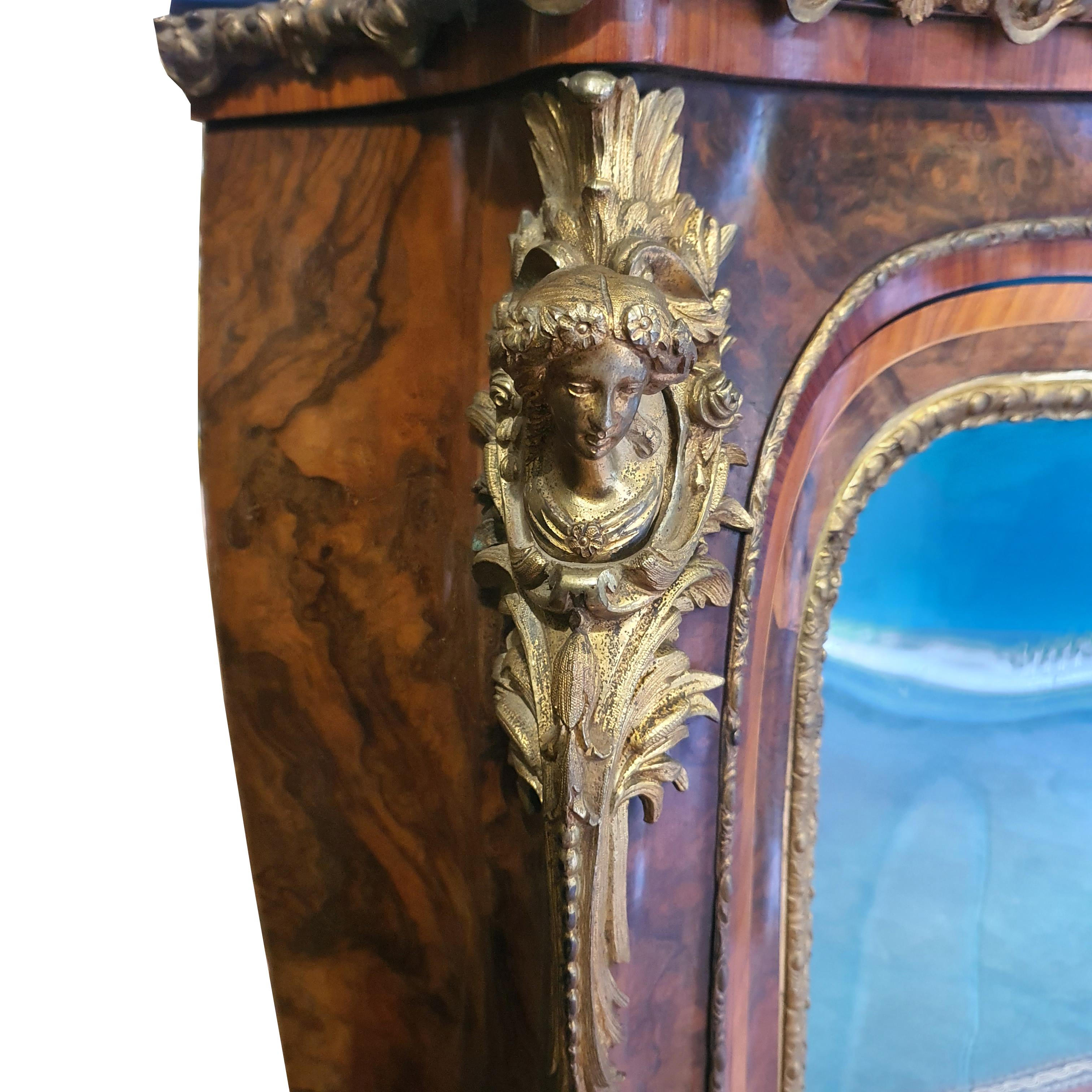 Napoleon III 19th Century, Corner Cabinet, Precious Woods, Gilt Bronze, White Marble For Sale