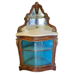 19th Century, Corner Cabinet, Precious Woods, Gilt Bronze, White Marble