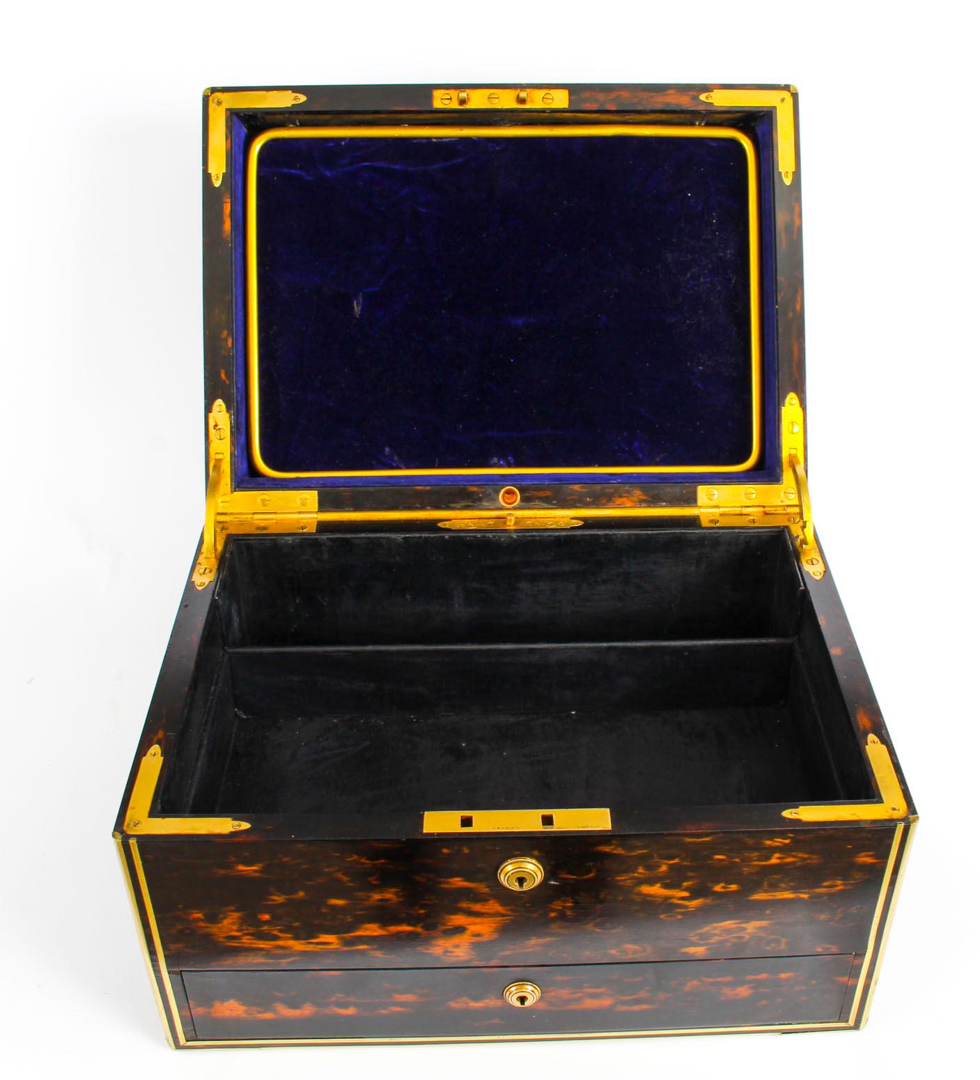 An elegant Victorian Coromandel and brass mounted jewellery box and dressing case by the renowned Victorian retailer Jenner Knewstub, of 33 St.James Street, London, and circa 1860 in date.

The rectangular top features double strung thick brass