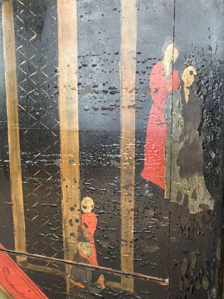 Double Sided Coromandel Chinoiserie Lacquer Five-Panel Screen, Paravent, 1890s For Sale 3