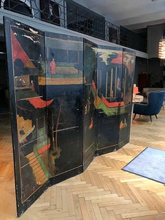 Double Sided Coromandel Chinoiserie Lacquer Five-Panel Screen, Paravent, 1890s