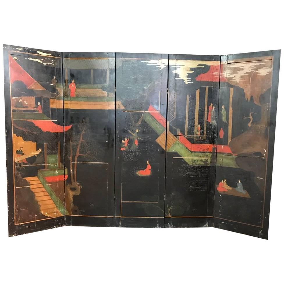 Double Sided Coromandel Chinoiserie Lacquer Five-Panel Screen, Paravent, 1890s For Sale