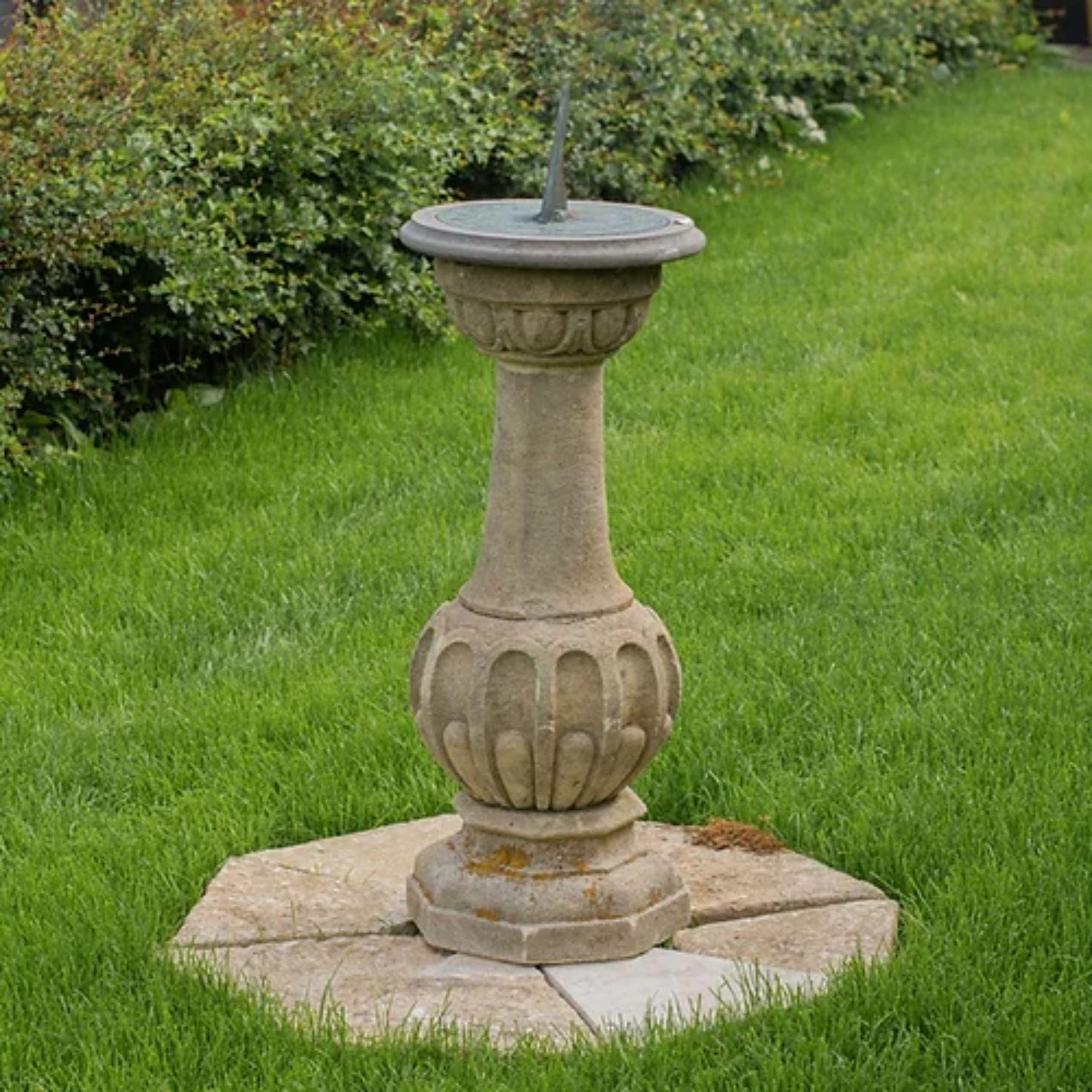 A 19th century cotswold stone sundial with earlier Cary's London bronze plate, on a hexagonal stone base

Additional information:
Material: Stone.