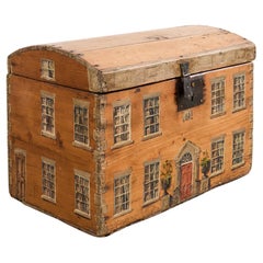 19th Century Country English Painted Pine Box with House Facade