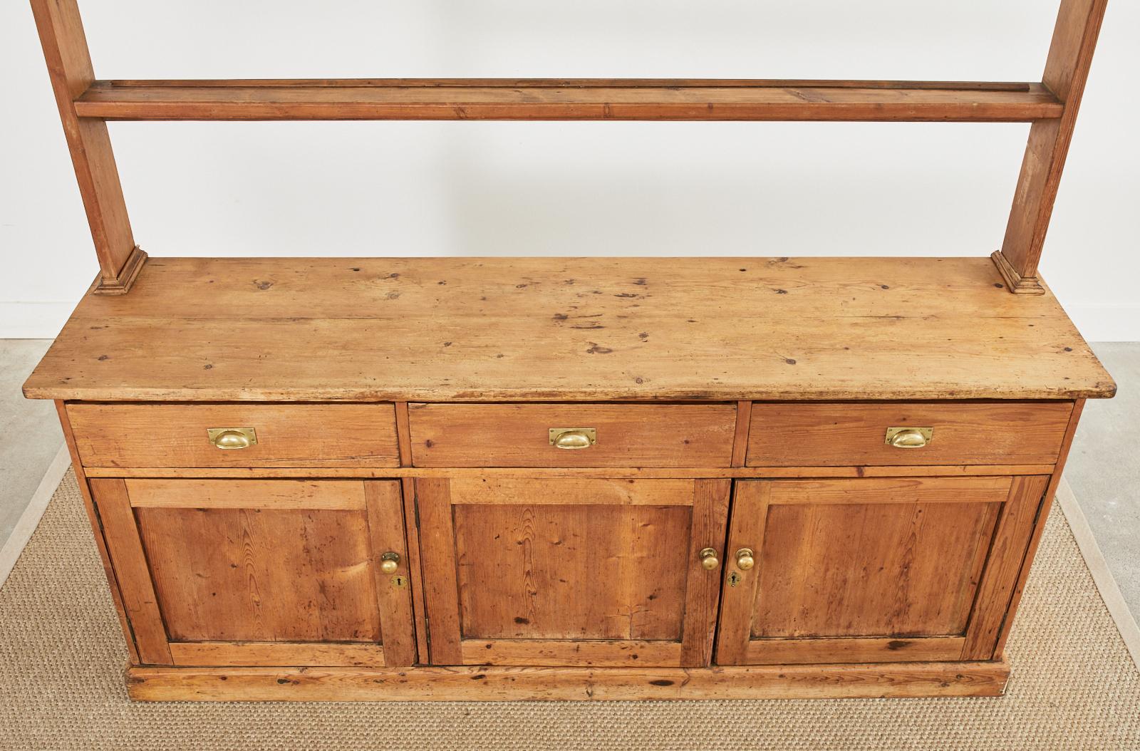 Brass 19th Century Country English Pine Dresser with Cupboard 