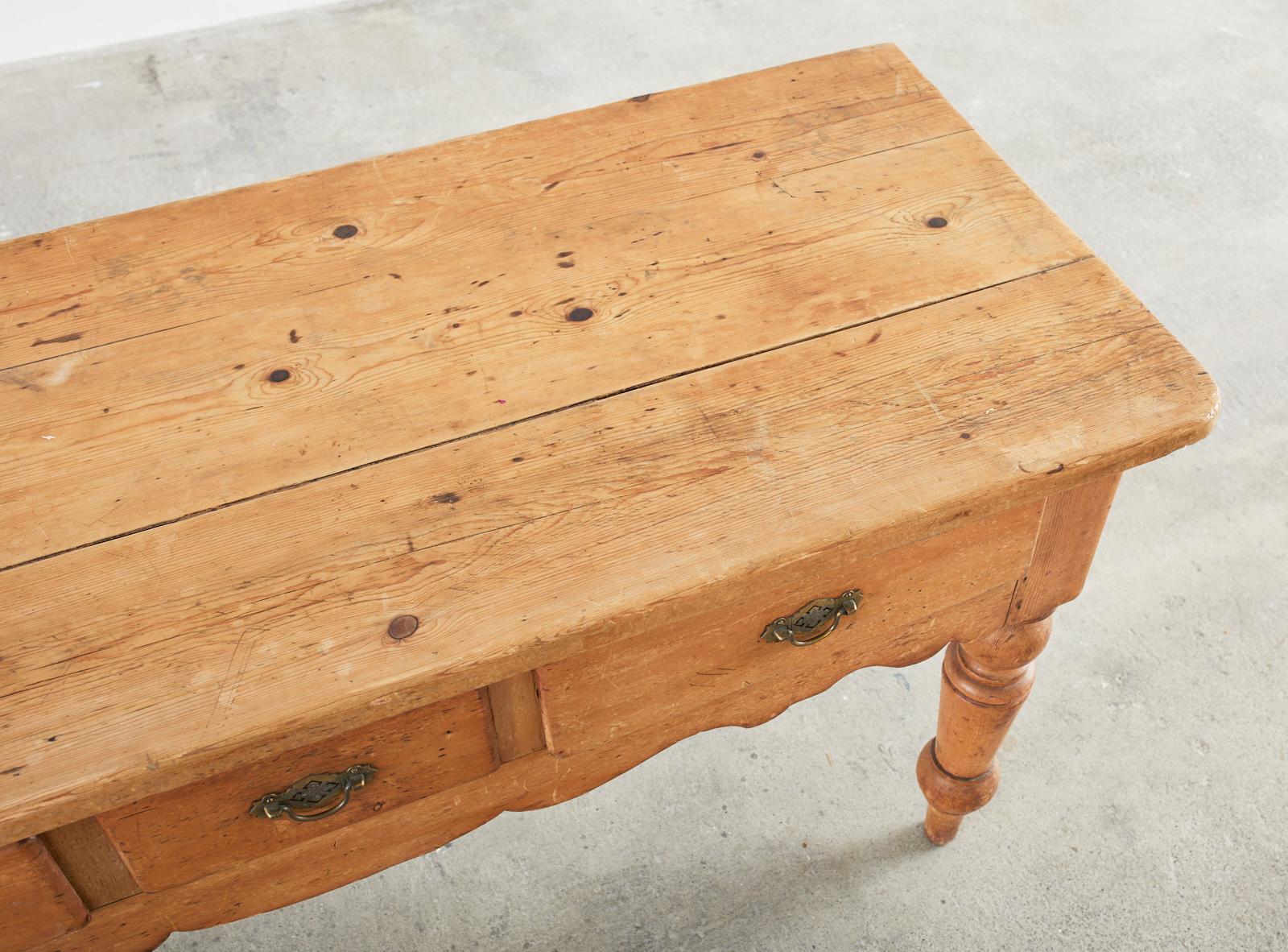 Brass 19th Century Country English Pine Farmhouse Work Table Console