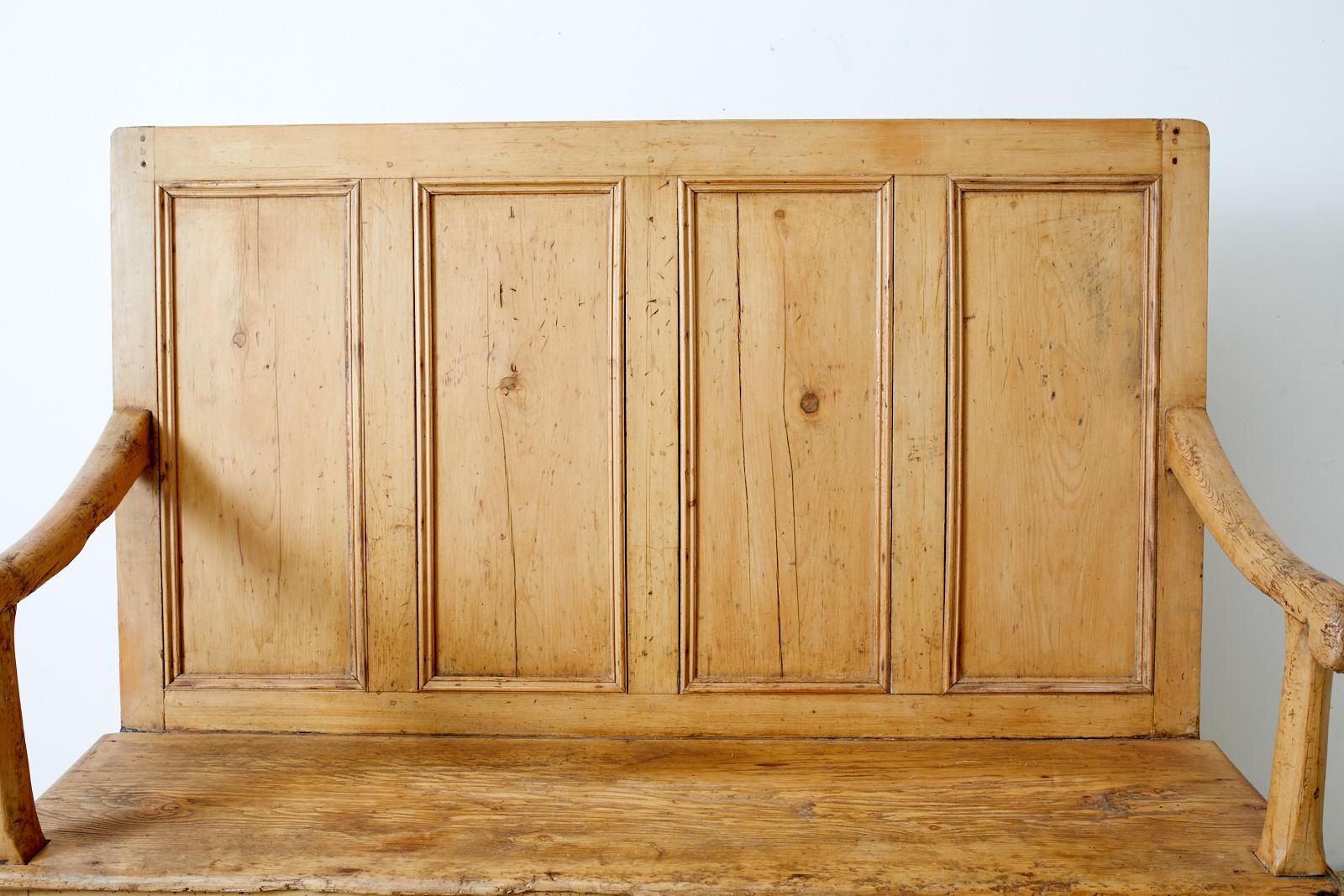 19th Century Country English Pine Paneled Hall Settle Bench 4