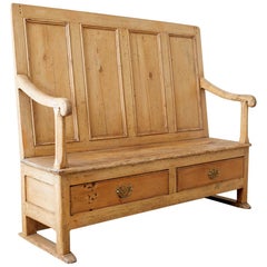 19th Century Country English Pine Paneled Hall Settle Bench