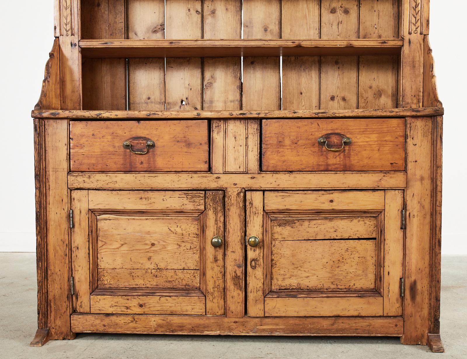 19th Century Country English Pine Welsh Dresser with Cupboard In Distressed Condition In Rio Vista, CA