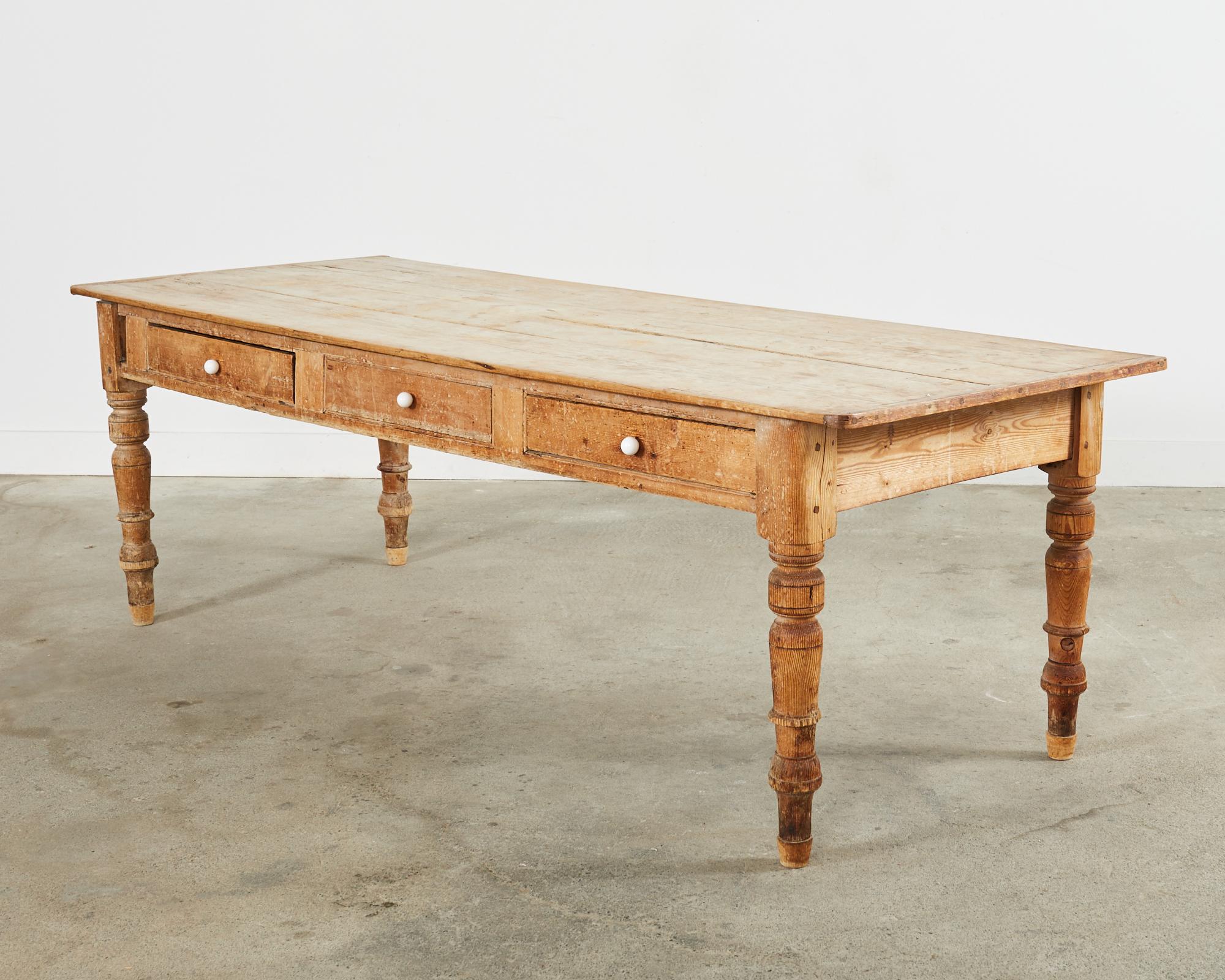 Porcelain 19th Century Country English Provincial Pine Farmhouse Dining Table  For Sale