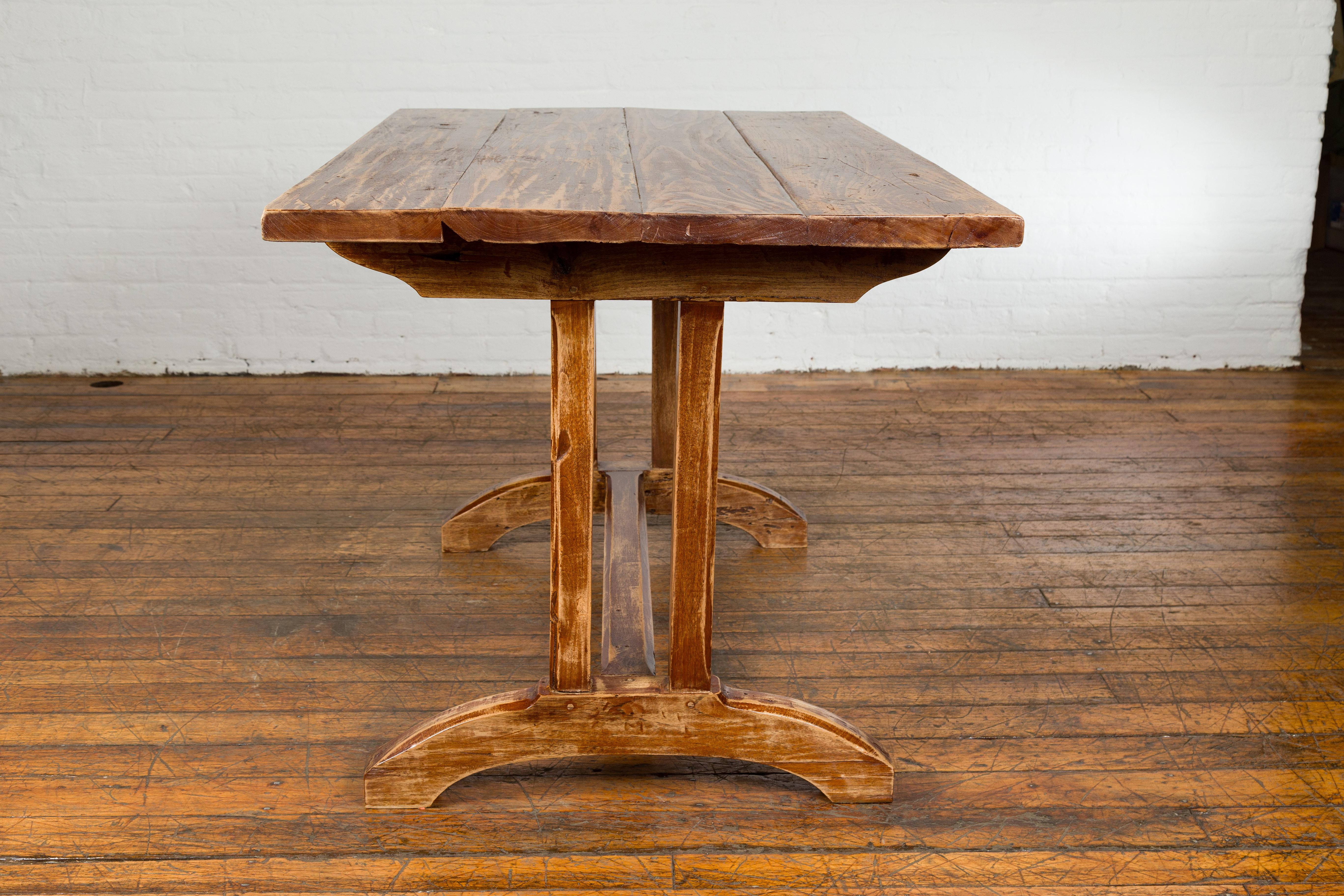19th Century Country Farmhouse Table with Trestle Base and Distressed Finish For Sale 6
