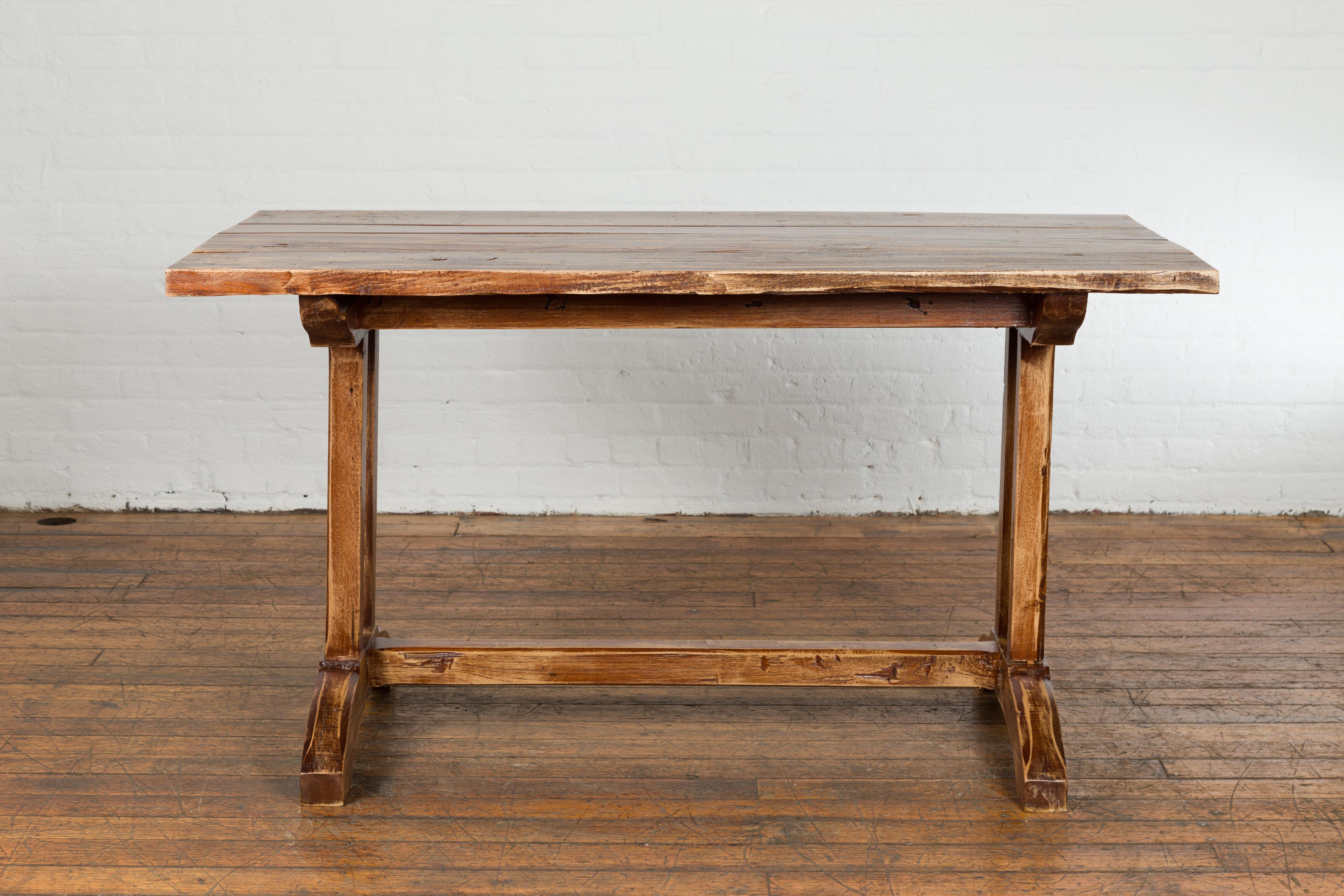 19th Century Country Farmhouse Table with Trestle Base and Distressed Finish For Sale 8