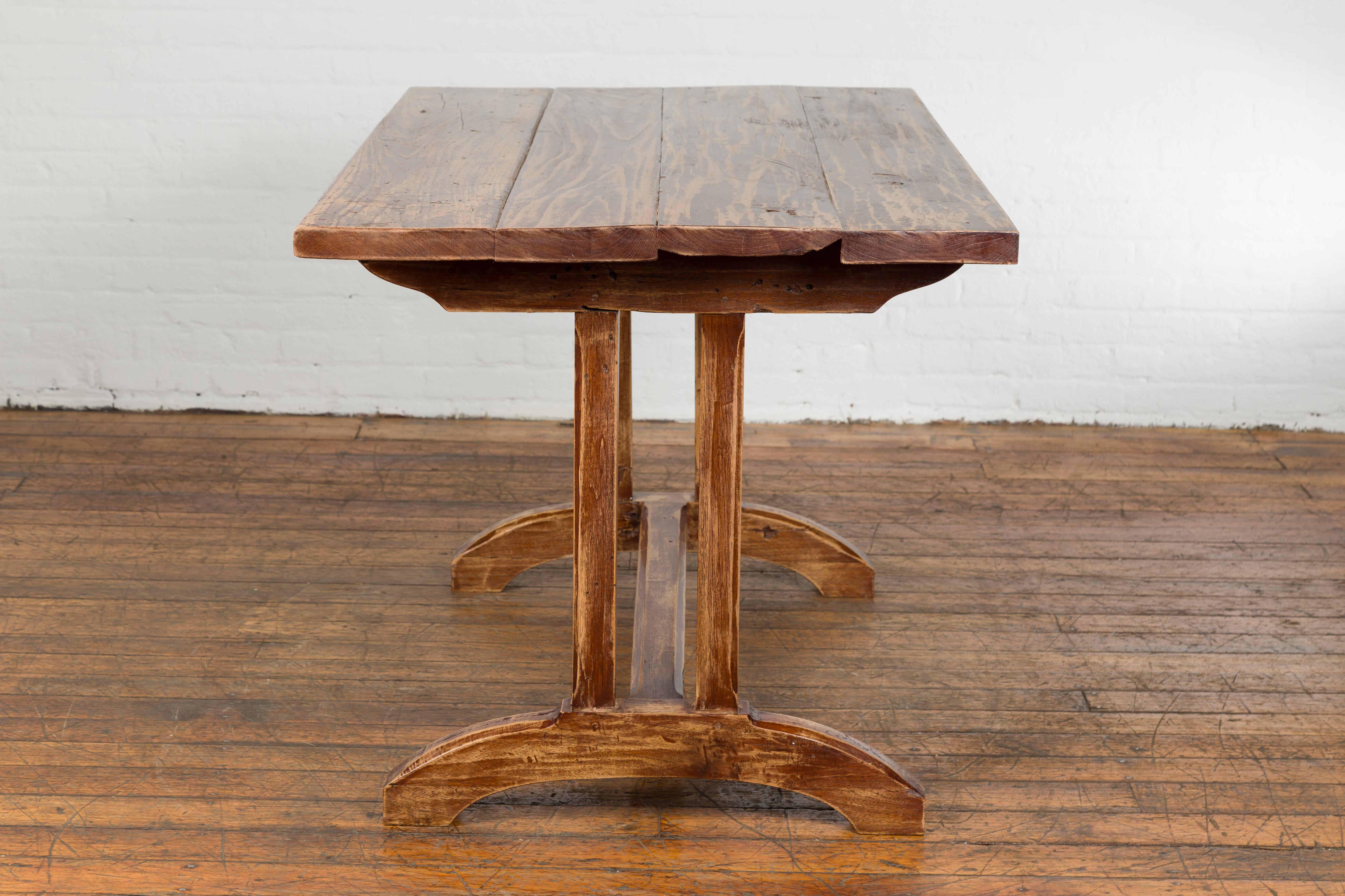 19th Century Country Farmhouse Table with Trestle Base and Distressed Finish For Sale 9