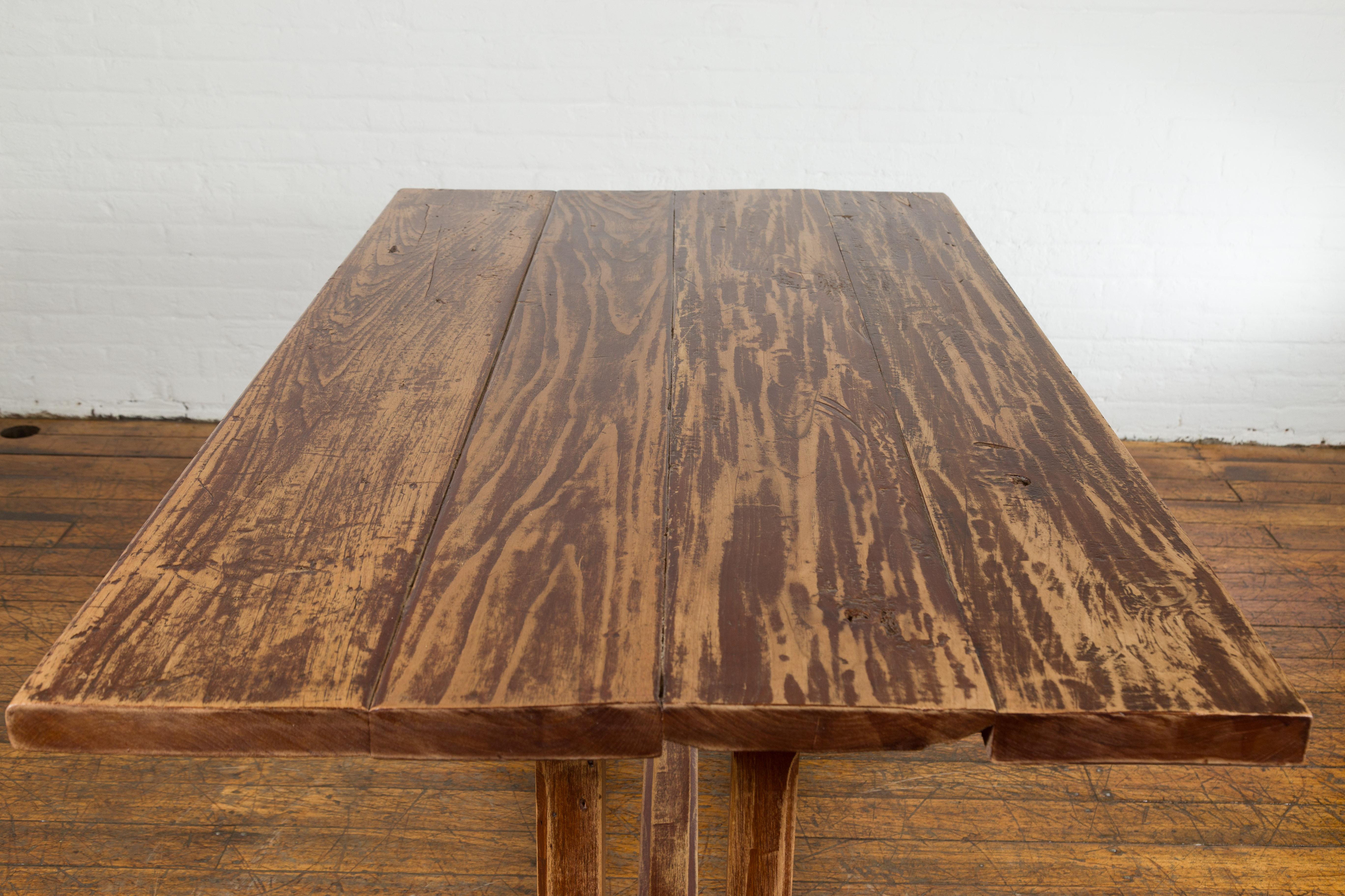 19th Century Country Farmhouse Table with Trestle Base and Distressed Finish For Sale 11