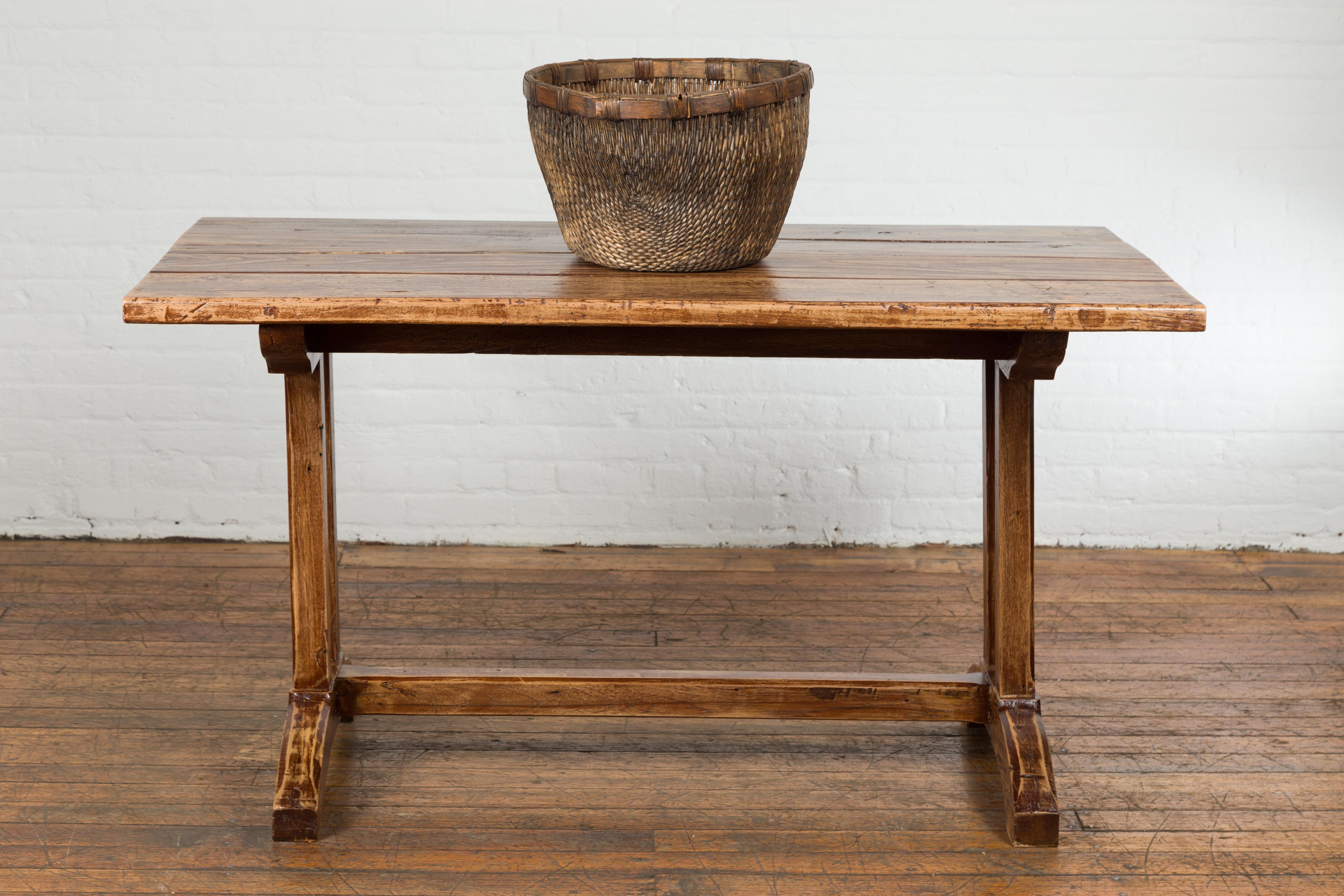 Rustic 19th Century Country Farmhouse Table with Trestle Base and Distressed Finish For Sale