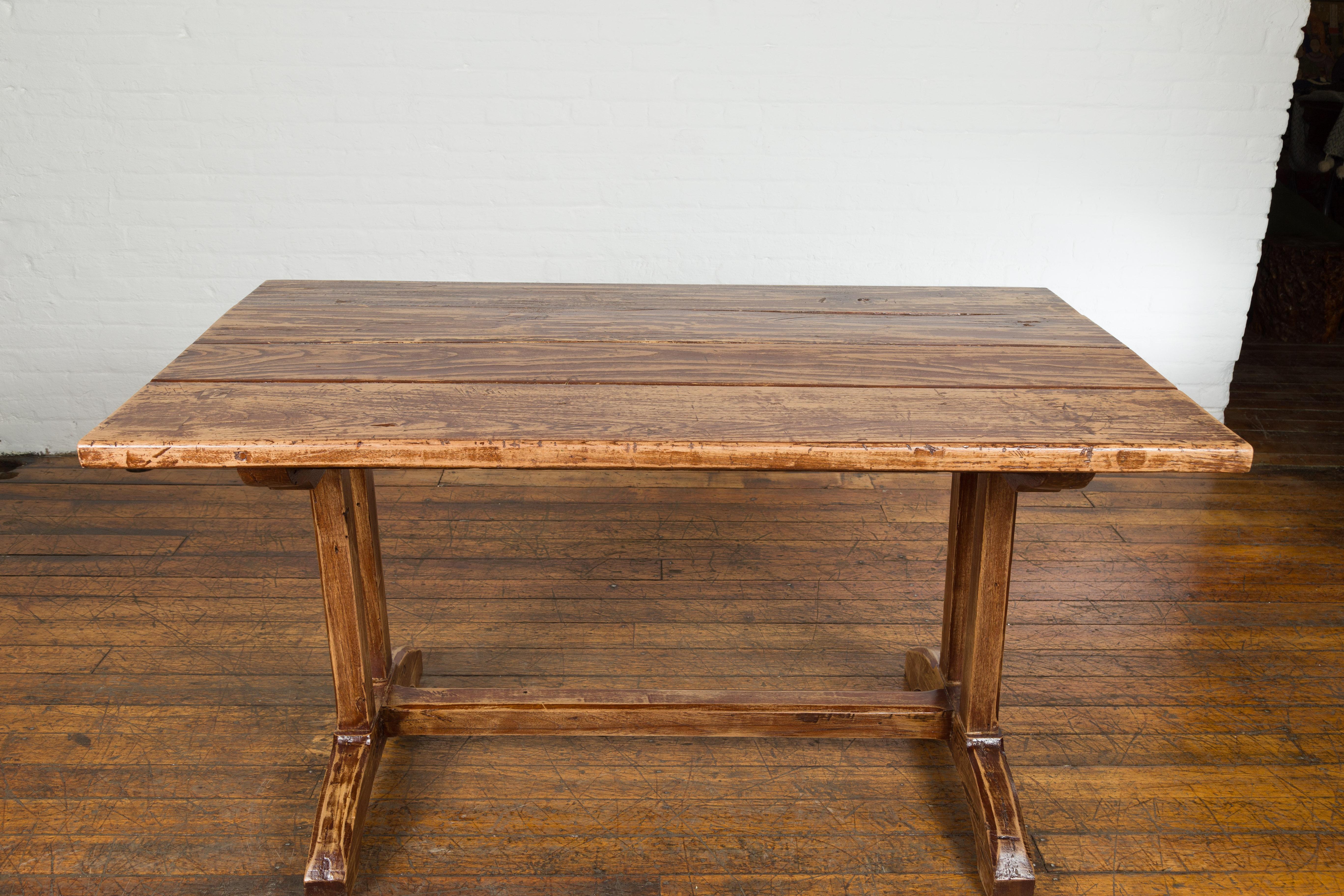 19th Century Country Farmhouse Table with Trestle Base and Distressed Finish In Good Condition For Sale In Yonkers, NY