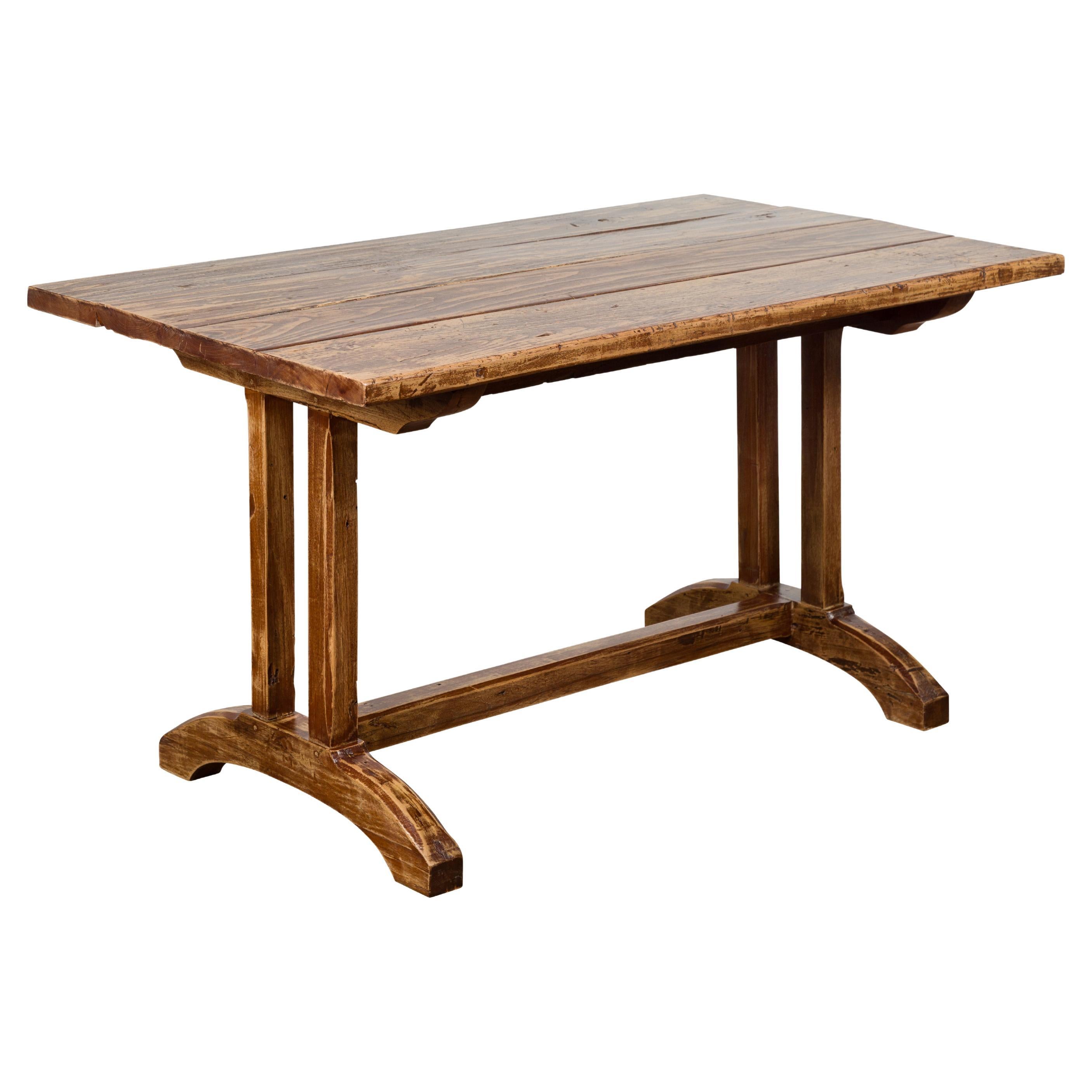 19th Century Country Farmhouse Table with Trestle Base and Distressed Finish For Sale