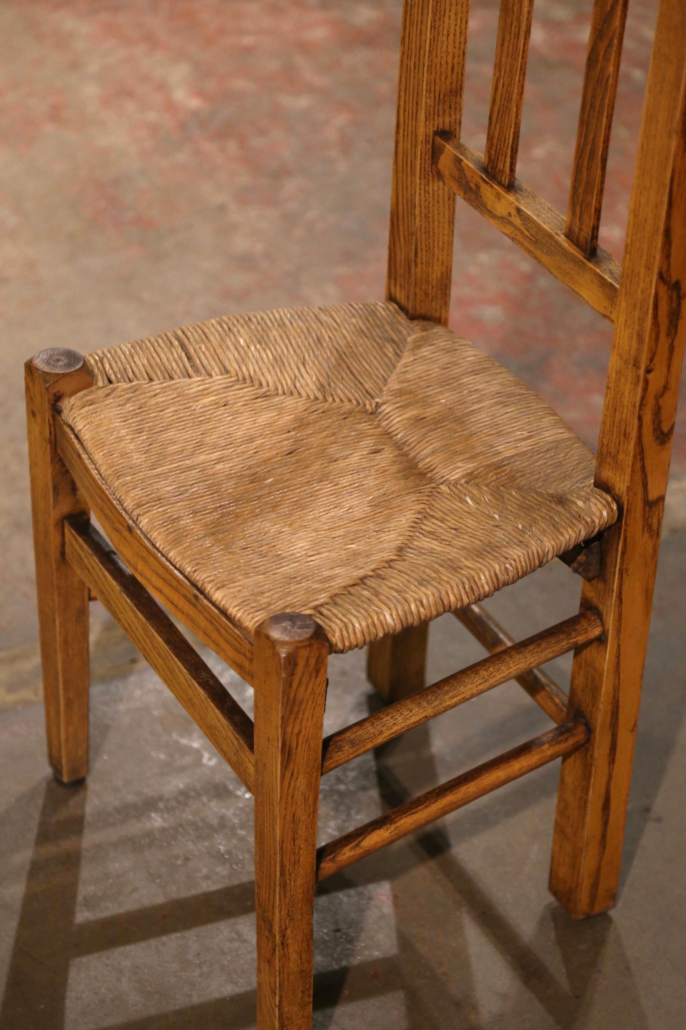 Hand-Carved 19th Century Country French Beech Wood and Rush Prayer Chair from Normandy For Sale