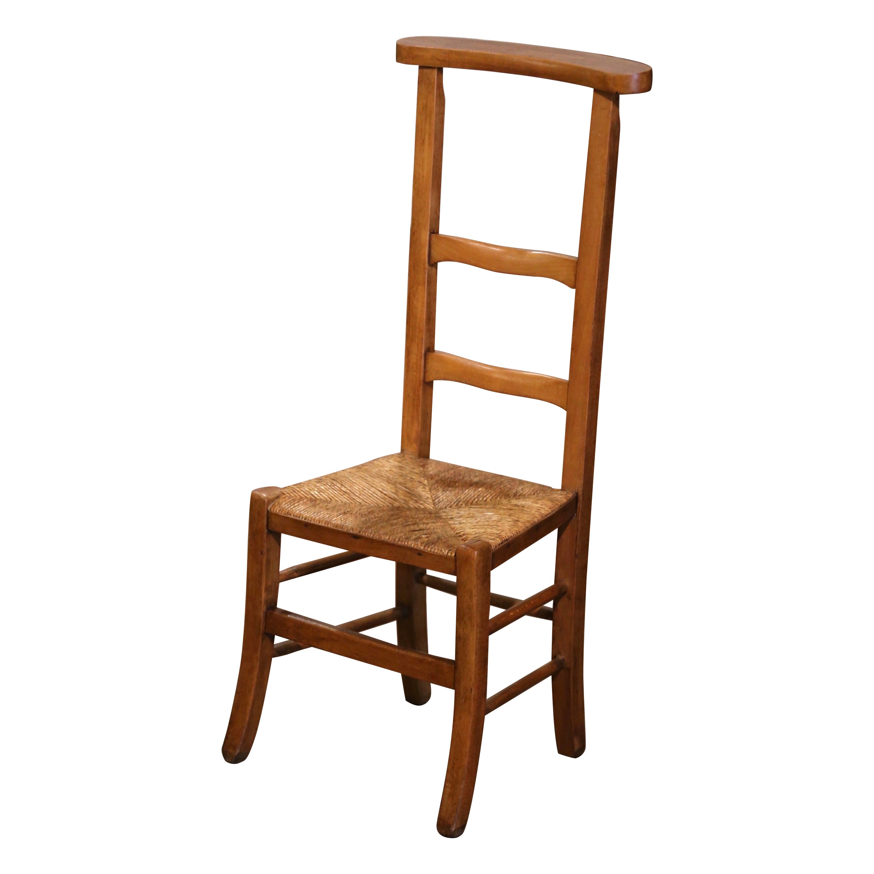 Sedia da preghiera francese del XIX secolo in legno di faggio e giunco della Normandia