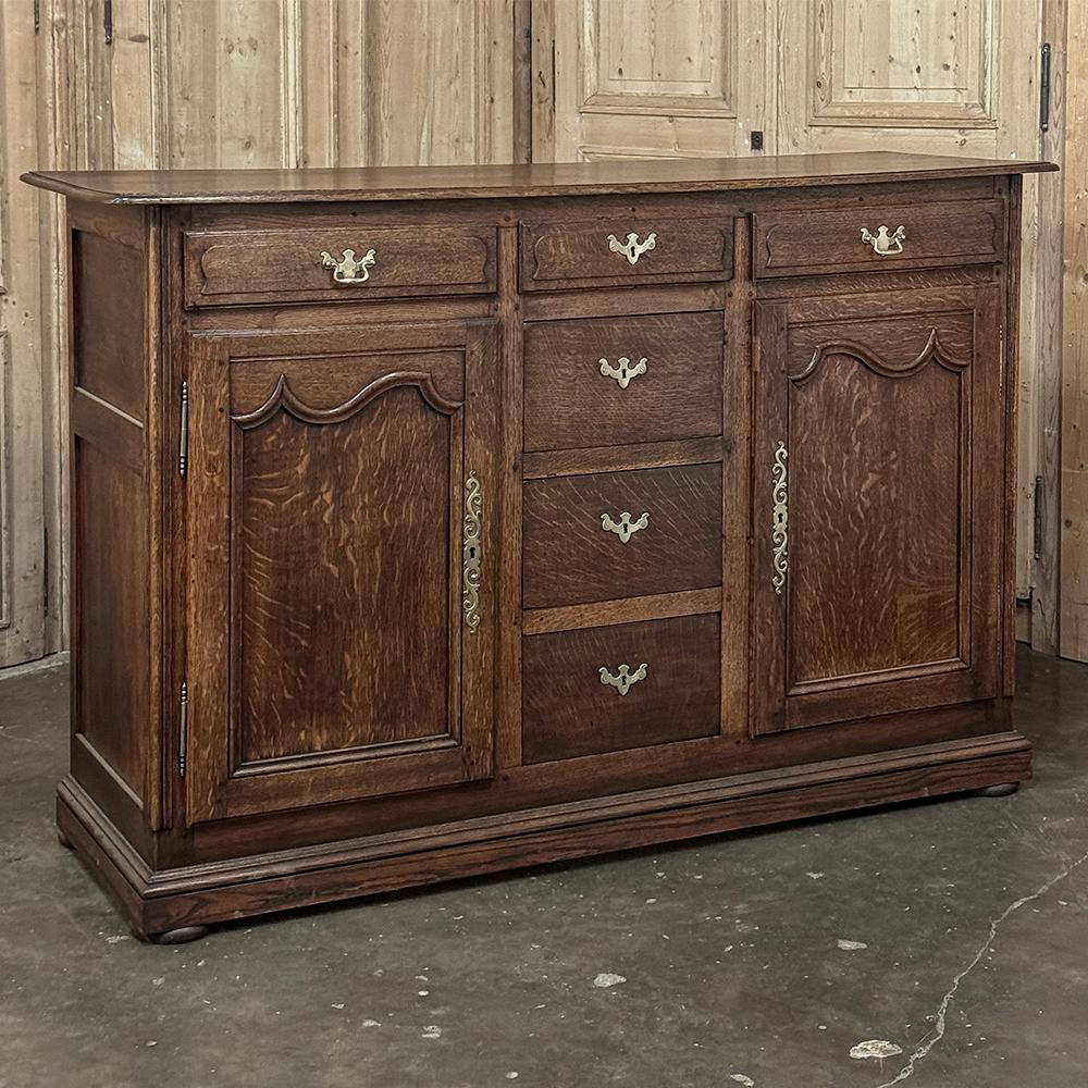 19th Century Country French Buffet ~ Linen Press was designed to provide all the storage space needed by a large family for all their linens and flatware needed for setting a grand table!  Hand-crafted entirely from quarter-sawn oak and cast brass,
