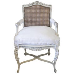 19th Century Country French Cane Back Chair with Linen Cushion