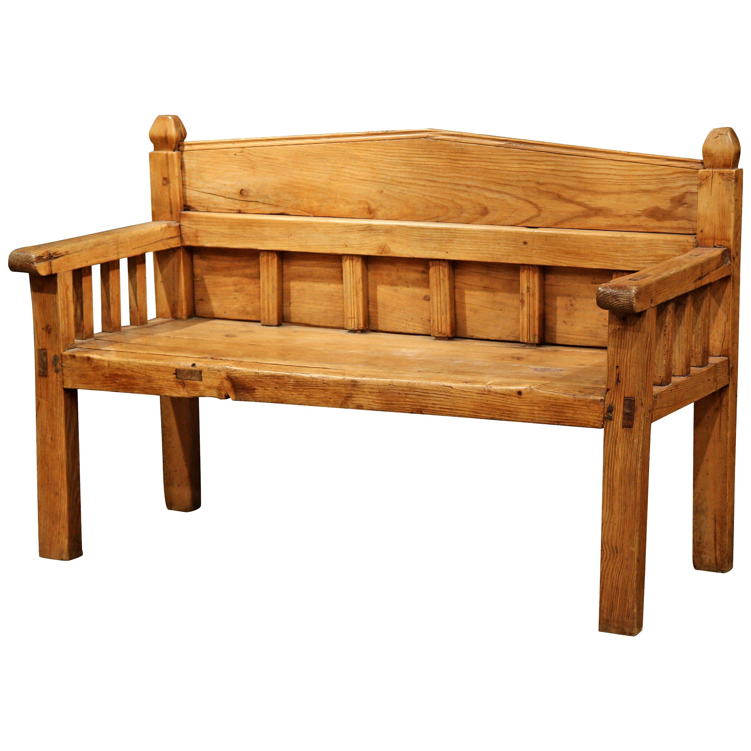 19th Century Country French Carved Pine Bench with Back from the Pyrenees