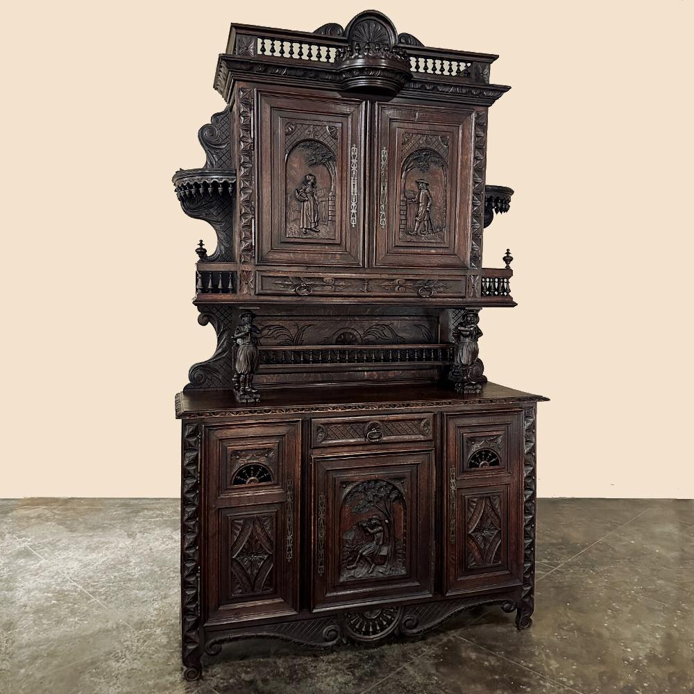 19th Century Country French China Buffet ~ Cupboard from Brittany is at once a masterful example of the woodcarver's art, while also being a glimpse of the rural life of a bygone era within the famed peninsula.  Utilizing a rectilinear architecture