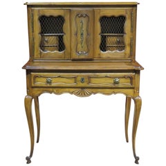 1880s Era Carved Walnut French Ladies Writing Table Desk with brass grill work