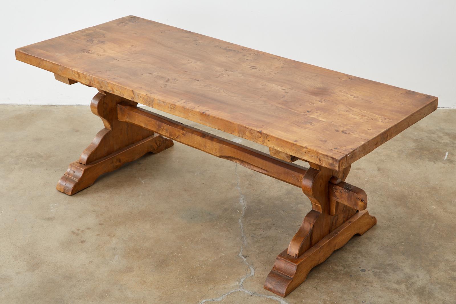 19th Century Country French Elm Farmhouse Trestle Dining Table In Distressed Condition In Rio Vista, CA