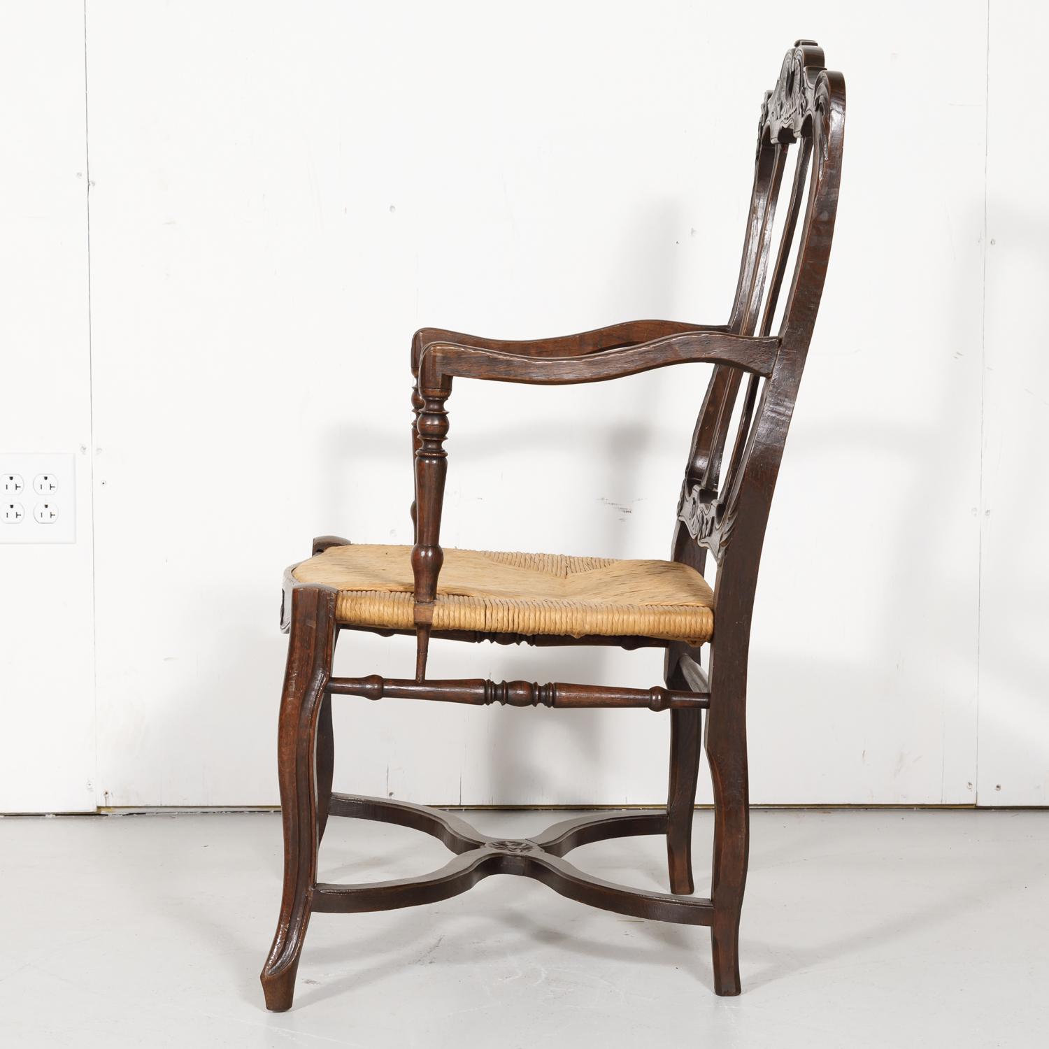 19th Century Country French Hand Carved Oak Rush Seat Armchair 6