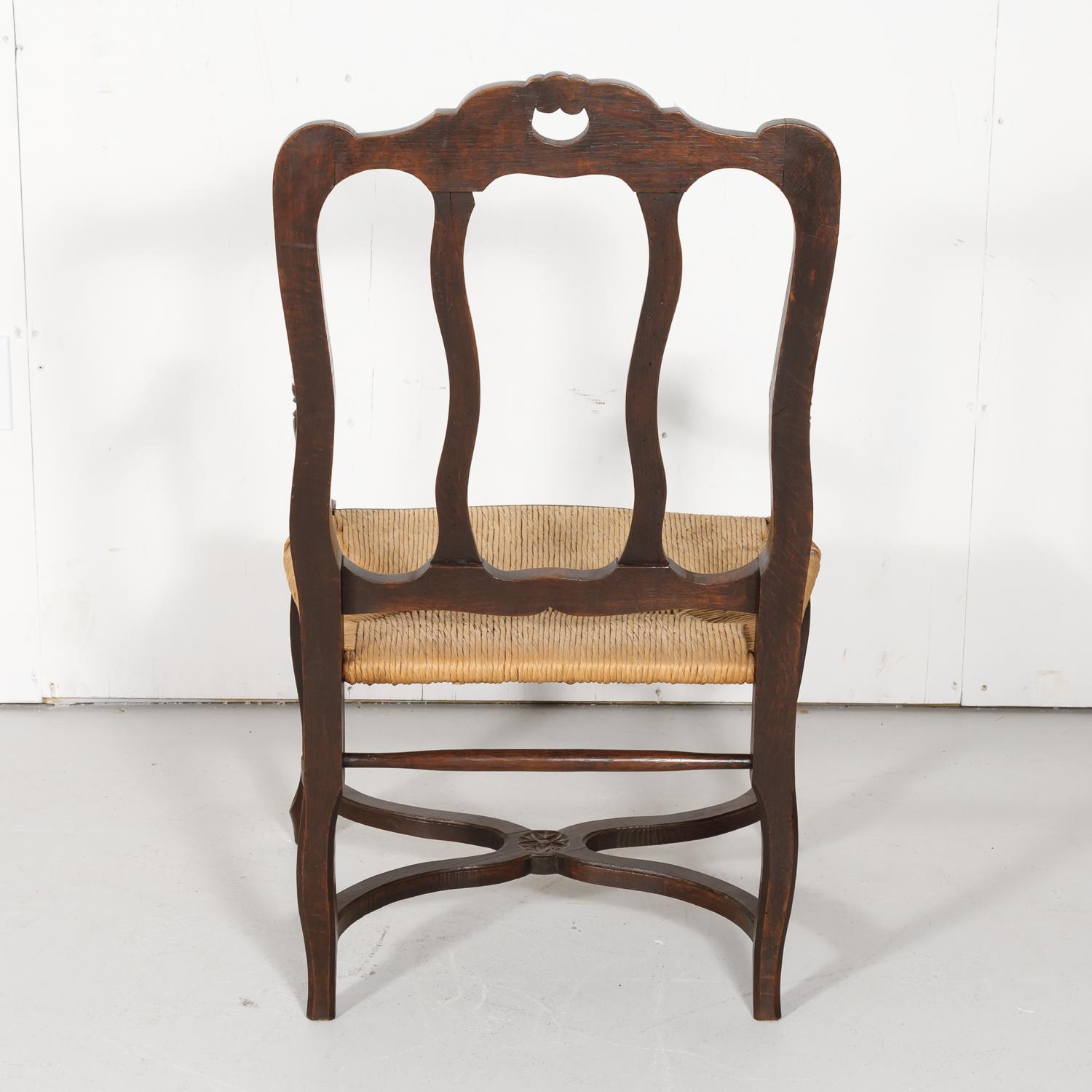 19th Century Country French Hand Carved Oak Rush Seat Armchair 10