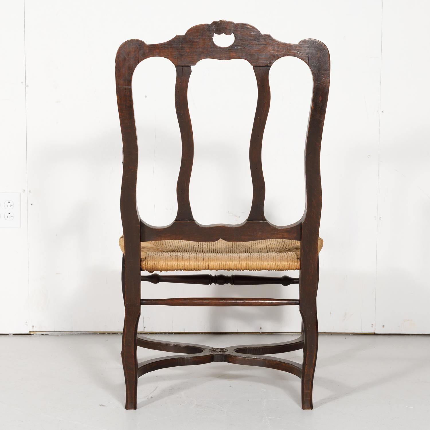 19th Century Country French Hand Carved Oak Rush Seat Armchair 11