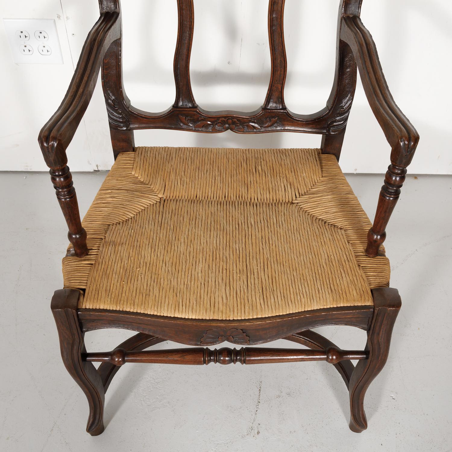 19th Century Country French Hand Carved Oak Rush Seat Armchair 1