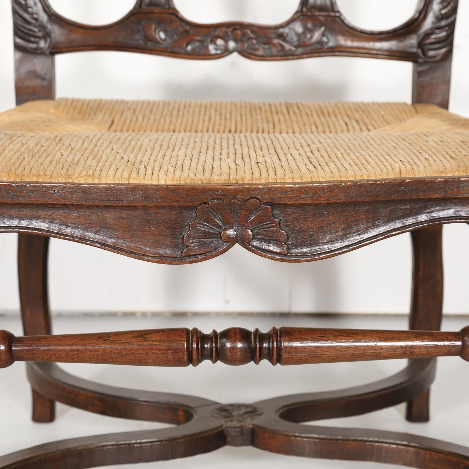 19th Century Country French Hand Carved Oak Rush Seat Armchair 2