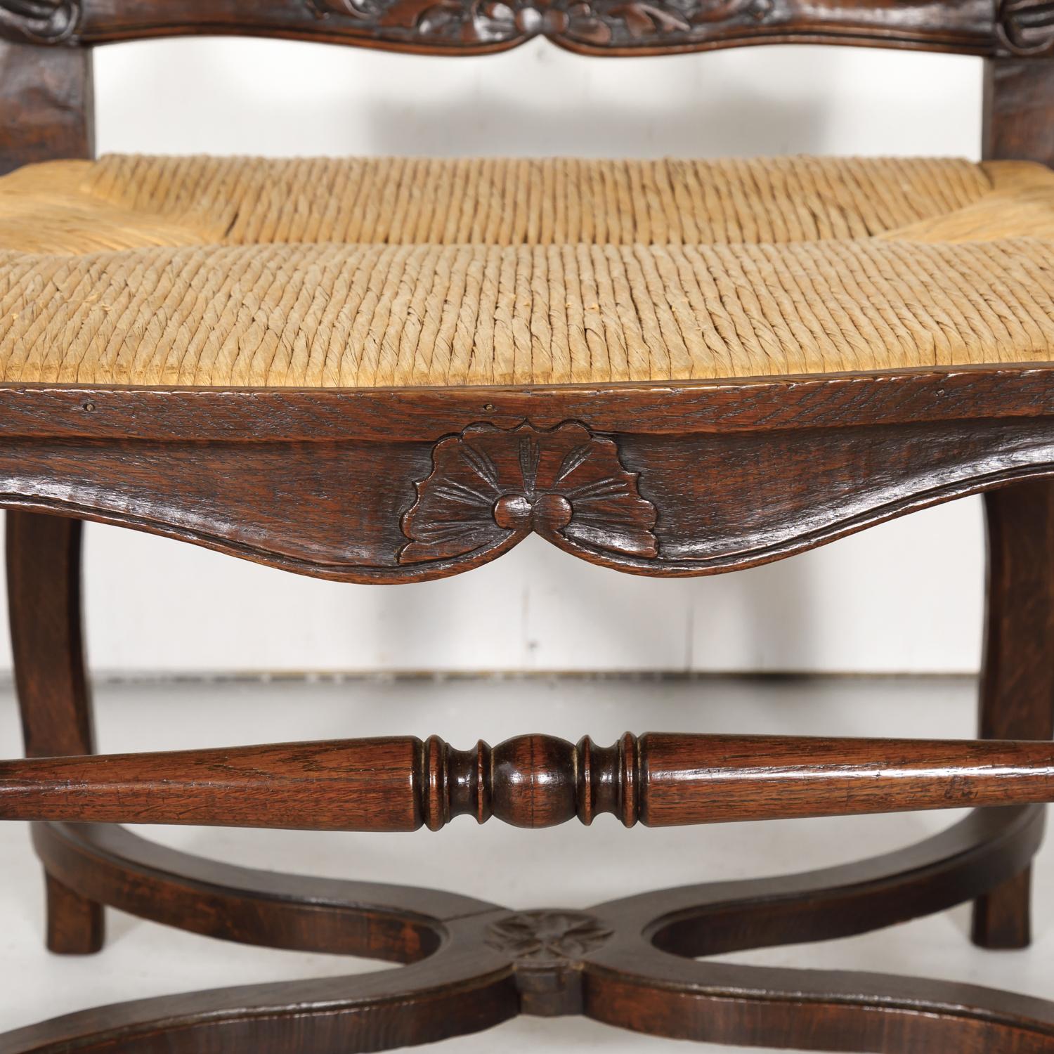 19th Century Country French Hand Carved Oak Rush Seat Armchair 3