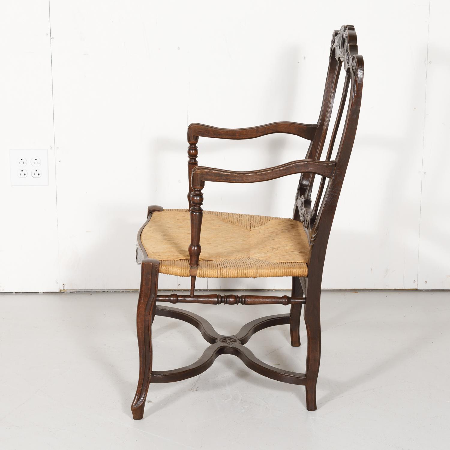 19th Century Country French Hand Carved Oak Rush Seat Armchair 5